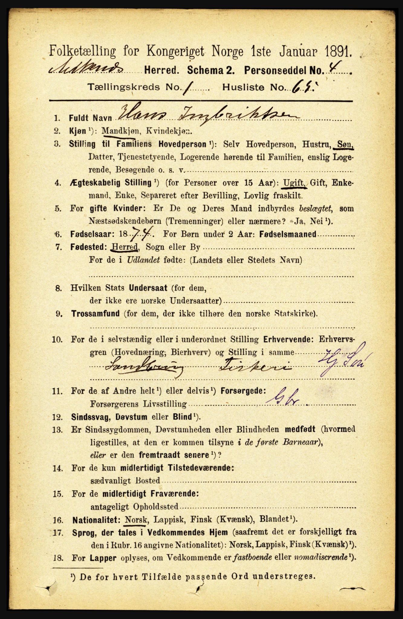 RA, 1891 census for 1855 Ankenes, 1891, p. 550