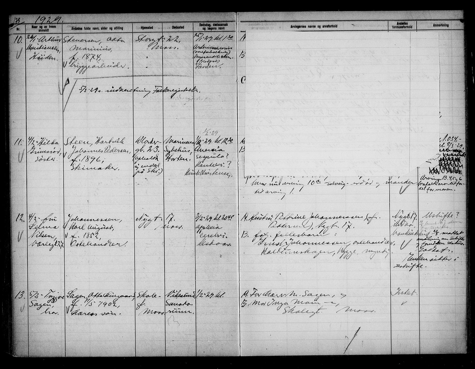 Moss byfogd, SAO/A-10863/H/Ha/Hab/L0006: Dødsanmeldelsesprotokoll, 1921-1931, p. 178