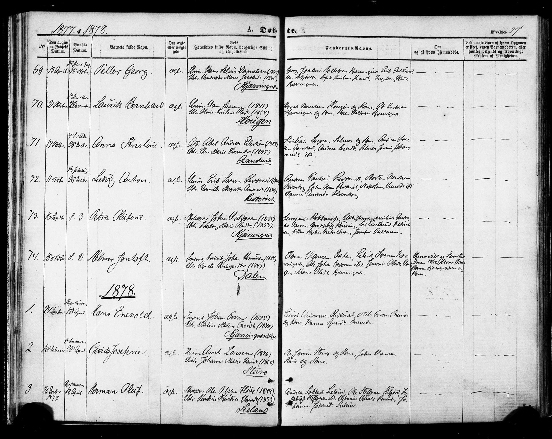 Ministerialprotokoller, klokkerbøker og fødselsregistre - Nordland, AV/SAT-A-1459/895/L1370: Parish register (official) no. 895A05, 1873-1884, p. 27