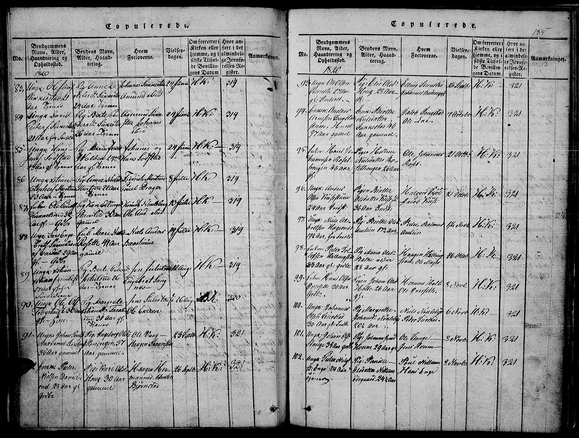 Toten prestekontor, SAH/PREST-102/H/Ha/Haa/L0010: Parish register (official) no. 10, 1820-1828, p. 185