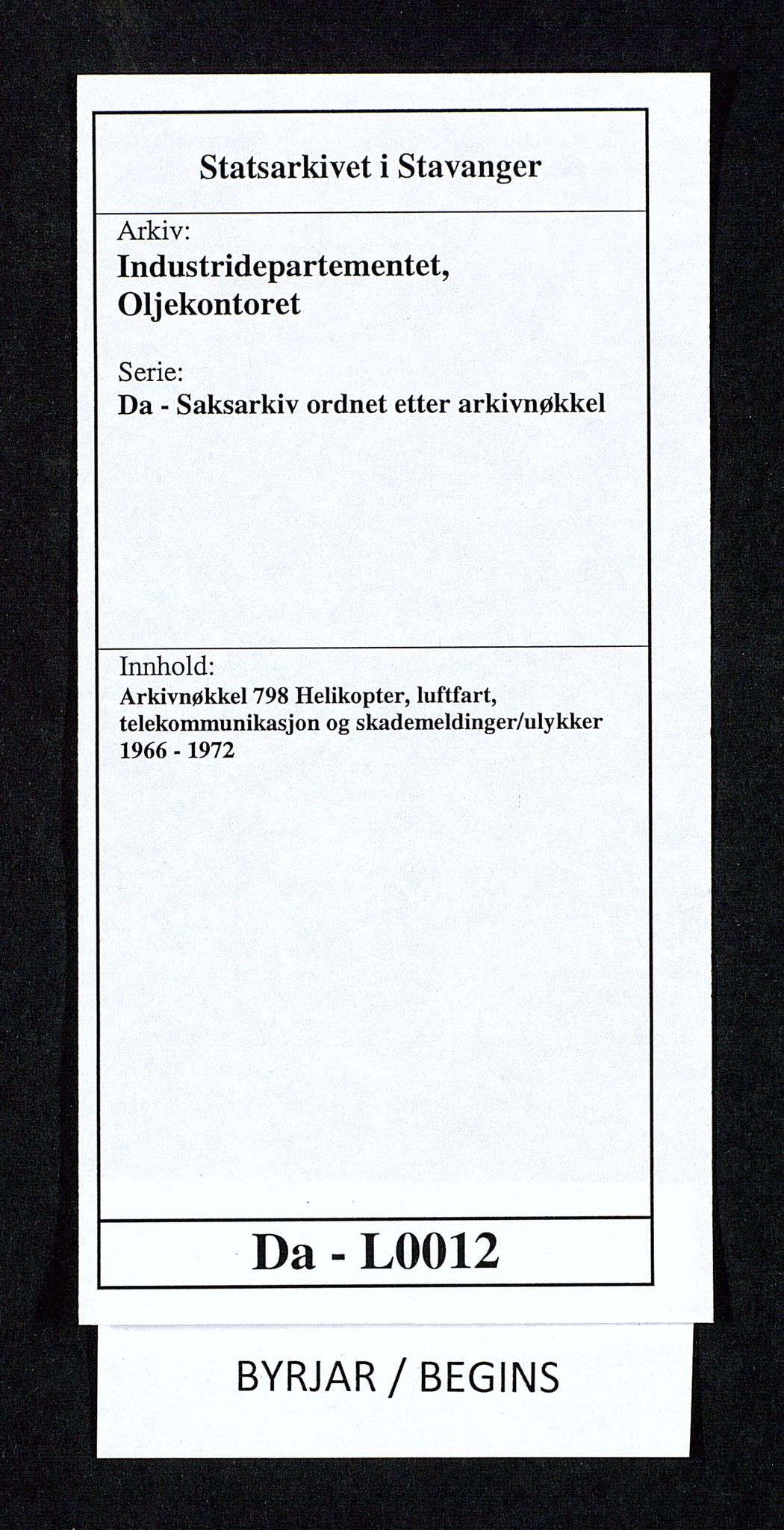 Industridepartementet, Oljekontoret, SAST/A-101348/Da/L0012: Arkivnøkkel 798 Helikopter, luftfart, telekommunikasjon og skademeldinger/ulykker, 1966-1972, p. 1