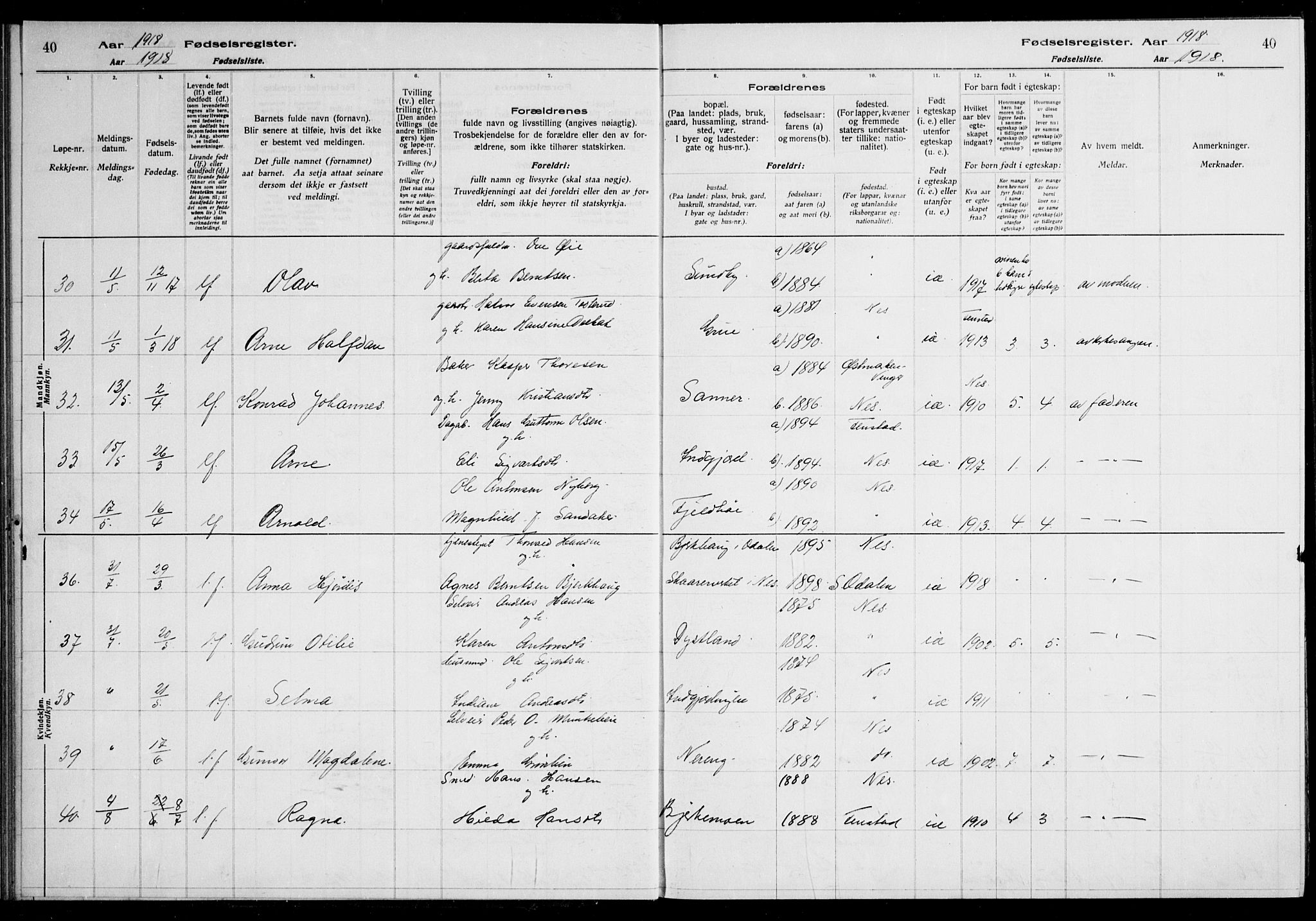 Nes prestekontor Kirkebøker, AV/SAO-A-10410/J/Ja/L0001: Birth register no. 1, 1916-1926, p. 40