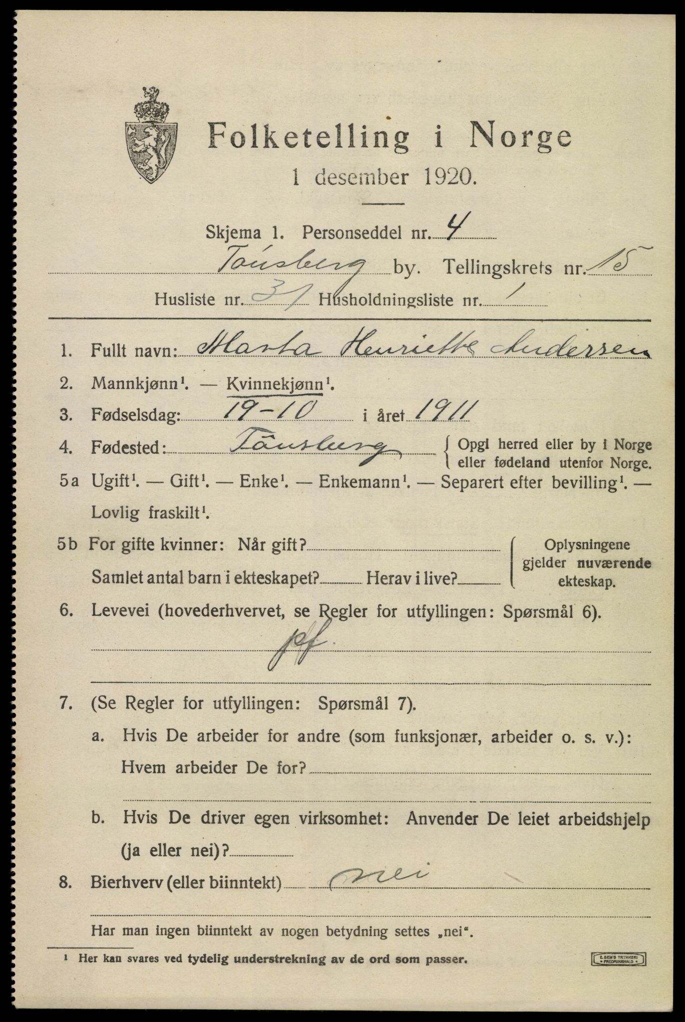 SAKO, 1920 census for Tønsberg, 1920, p. 24107