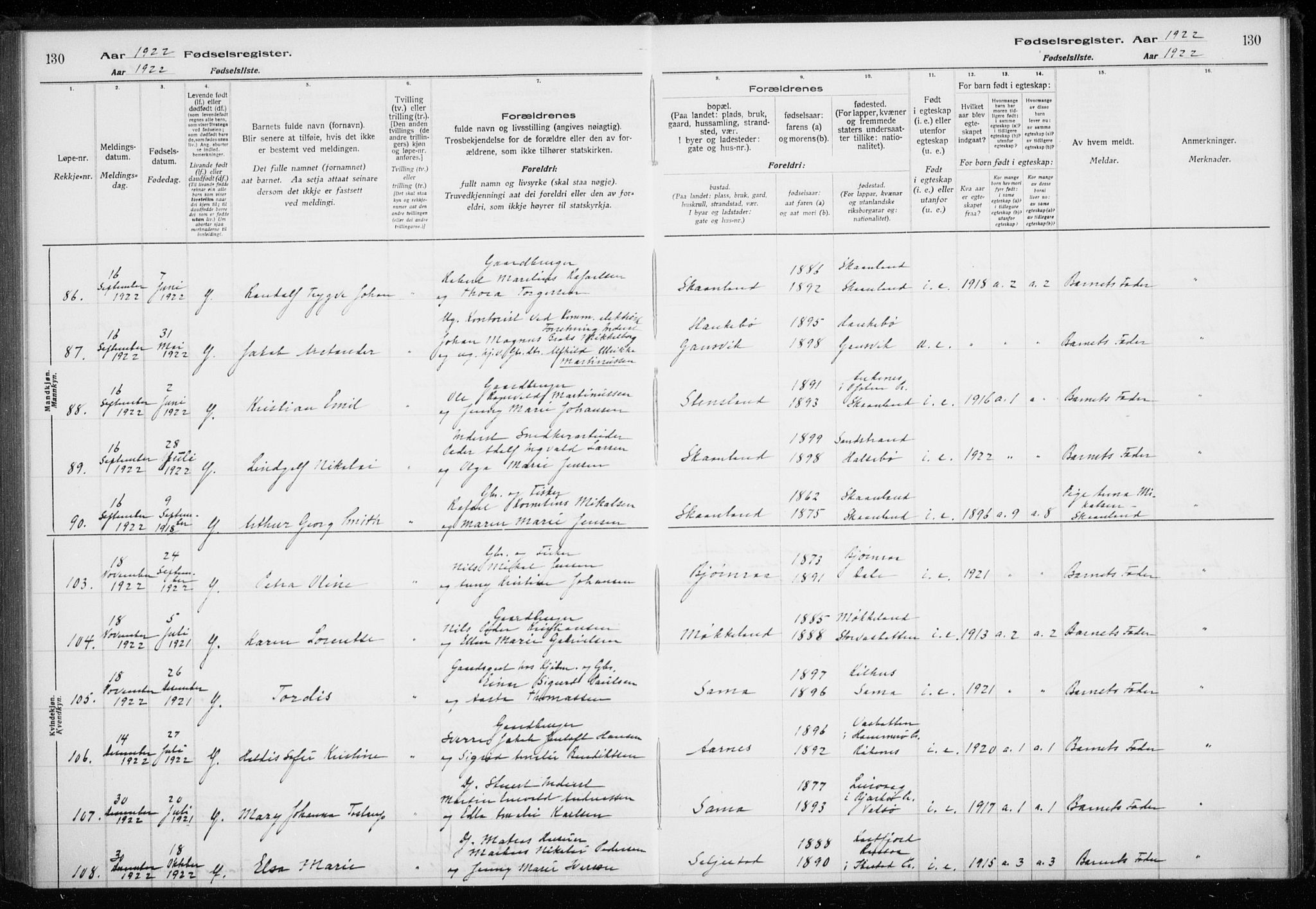 Trondenes sokneprestkontor, AV/SATØ-S-1319/I/Ia/L0089: Birth register no. 89, 1916-1925, p. 130