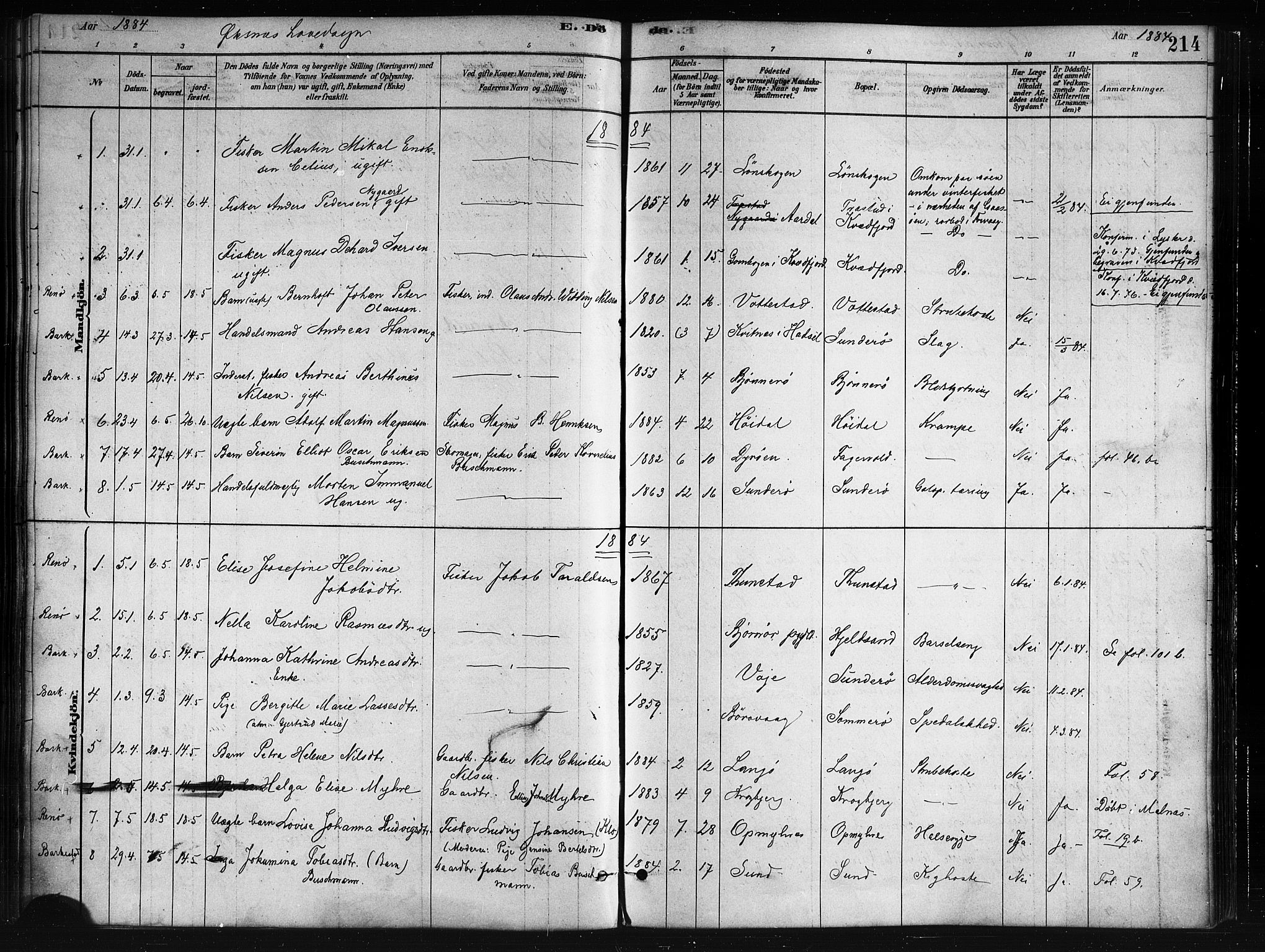 Ministerialprotokoller, klokkerbøker og fødselsregistre - Nordland, AV/SAT-A-1459/893/L1335: Parish register (official) no. 893A08 /1, 1878-1884, p. 214