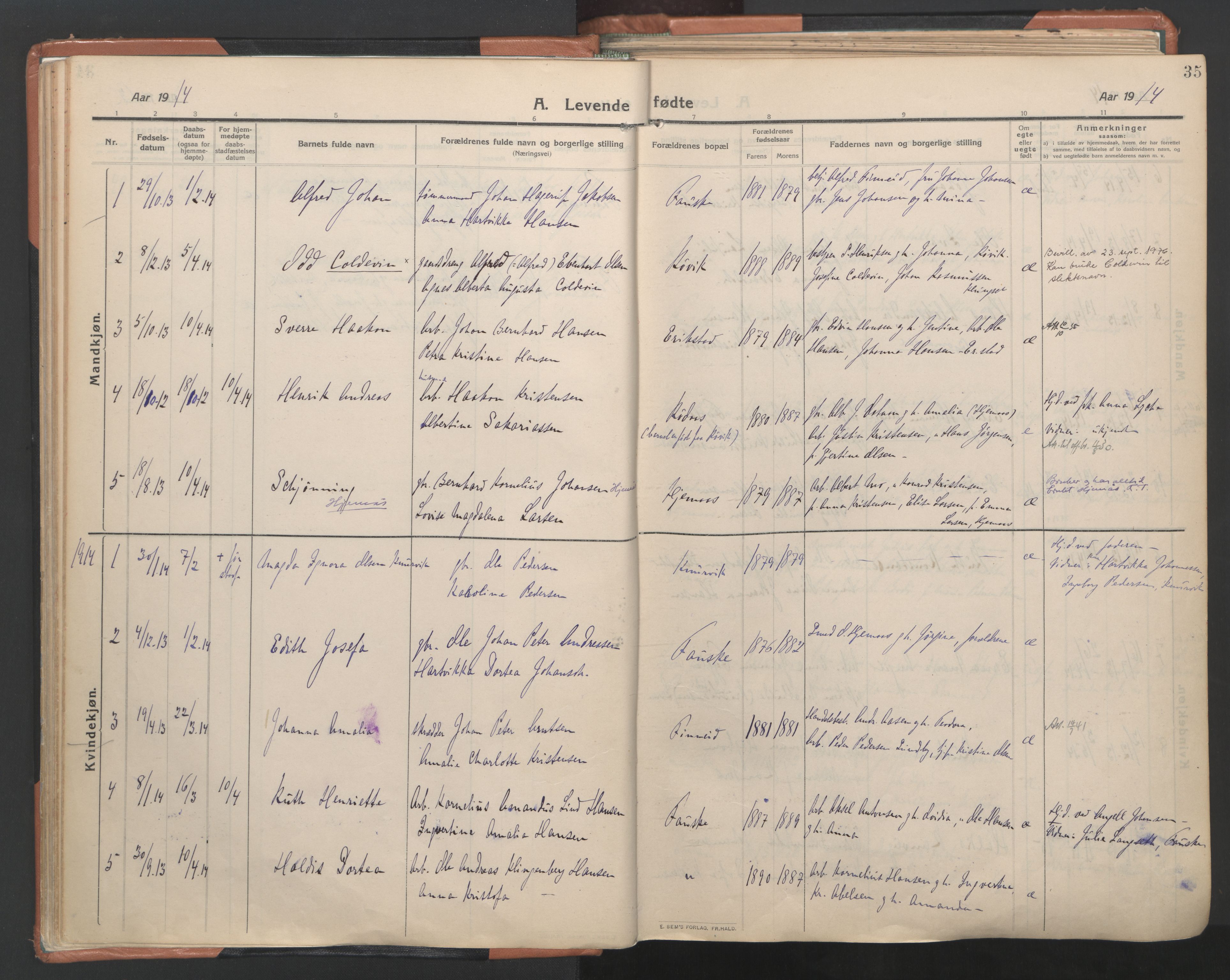 Ministerialprotokoller, klokkerbøker og fødselsregistre - Nordland, SAT/A-1459/849/L0698: Parish register (official) no. 849A09, 1911-1924, p. 35