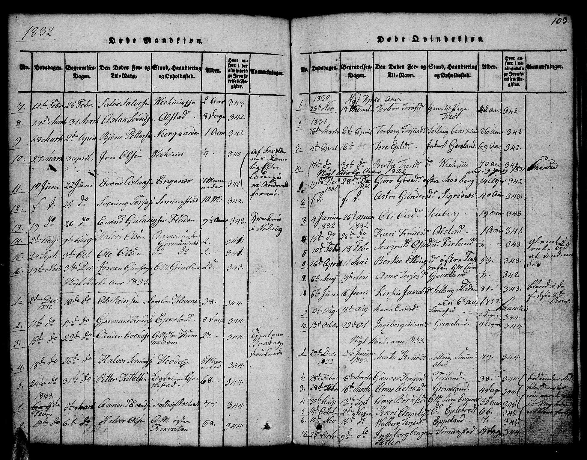 Åmli sokneprestkontor, AV/SAK-1111-0050/F/Fb/Fbc/L0001: Parish register (copy) no. B 1, 1816-1867, p. 103