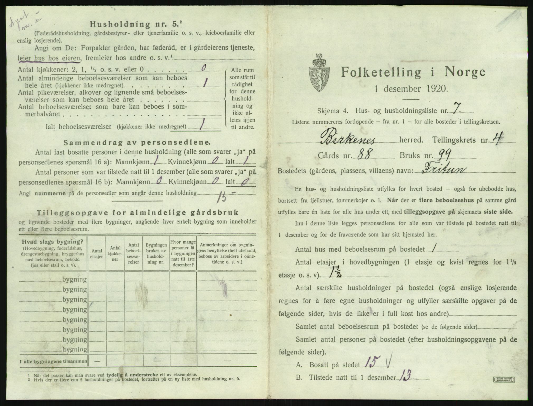 SAK, 1920 census for Birkenes, 1920, p. 259