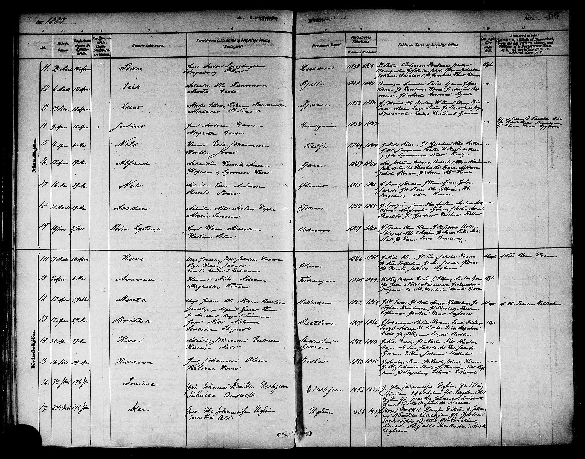 Sogndal sokneprestembete, AV/SAB-A-81301/H/Haa/Haab/L0001: Parish register (official) no. B 1, 1878-1899, p. 56