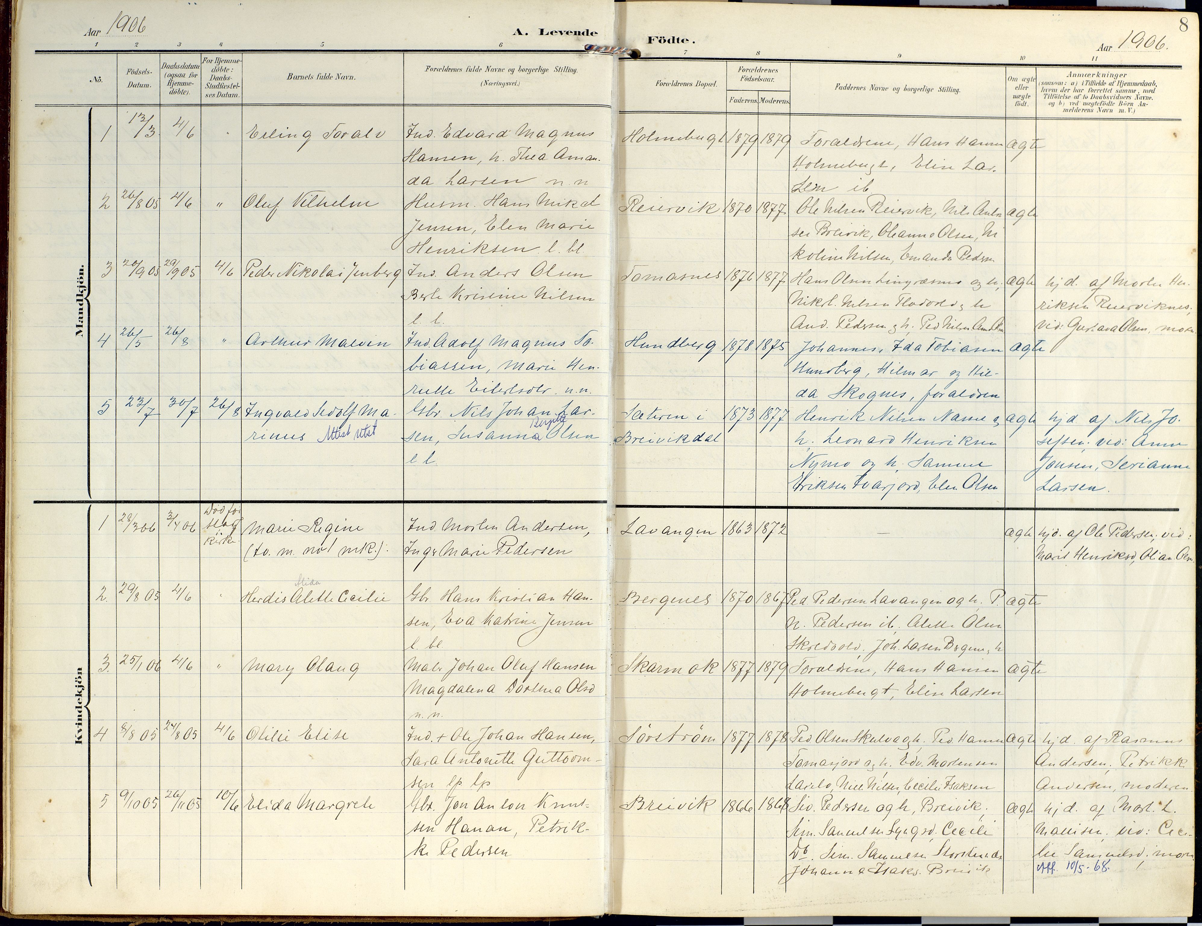 Lyngen sokneprestembete, AV/SATØ-S-1289/H/He/Hea/L0014kirke: Parish register (official) no. 14, 1905-1920, p. 8