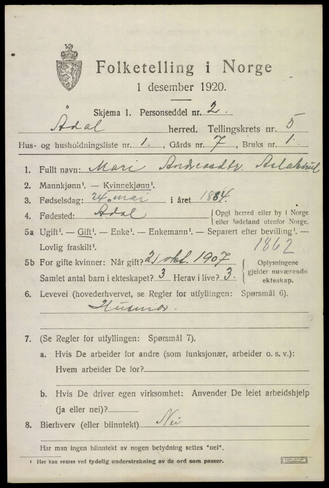 SAKO, 1920 census for Ådal, 1920, p. 4106