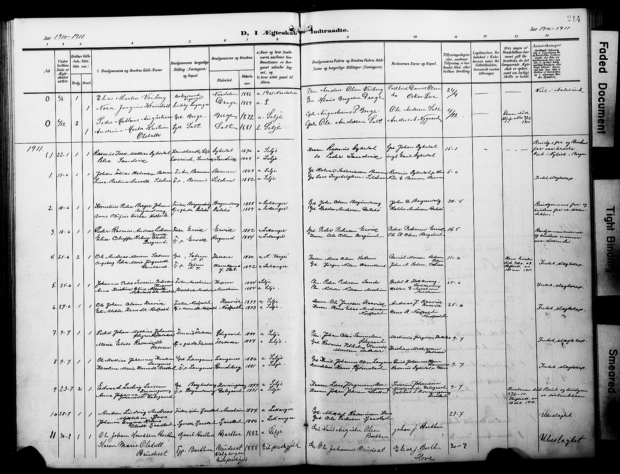 Selje sokneprestembete, SAB/A-99938/H/Ha/Hab/Habb: Parish register (copy) no. B 1, 1905-1923, p. 214