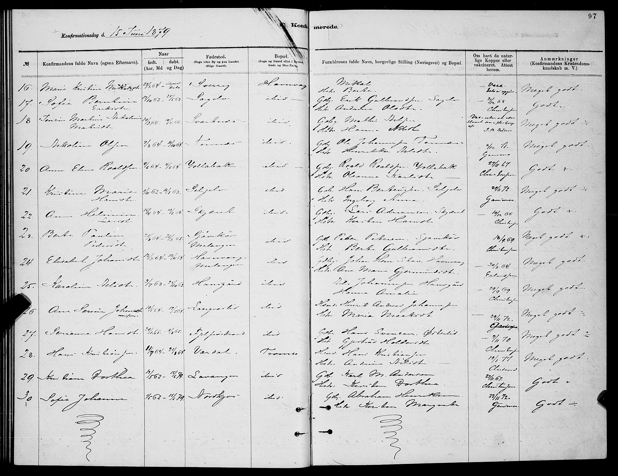 Balsfjord sokneprestembete, SATØ/S-1303/G/Ga/L0007klokker: Parish register (copy) no. 7, 1878-1889, p. 97