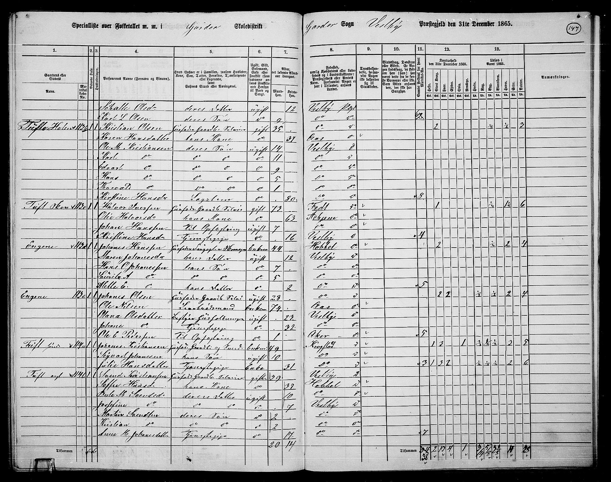 RA, 1865 census for Vestby, 1865, p. 127