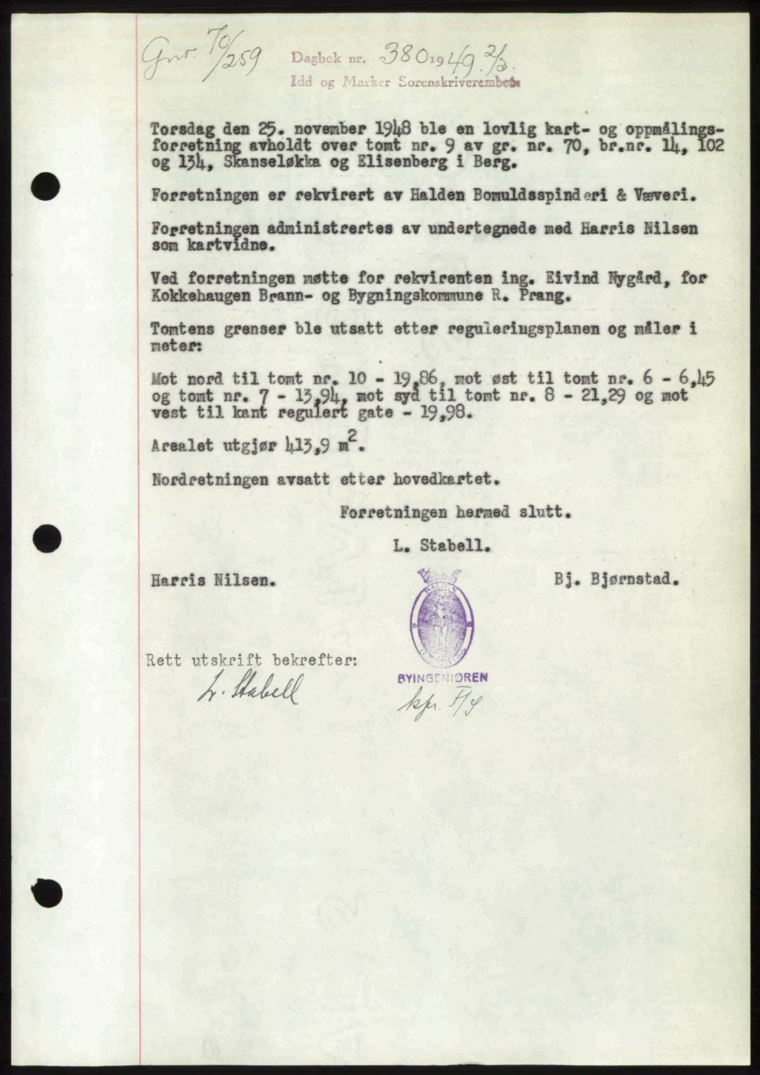 Idd og Marker sorenskriveri, AV/SAO-A-10283/G/Gb/Gbb/L0011: Mortgage book no. A11, 1948-1949, Diary no: : 380/1949