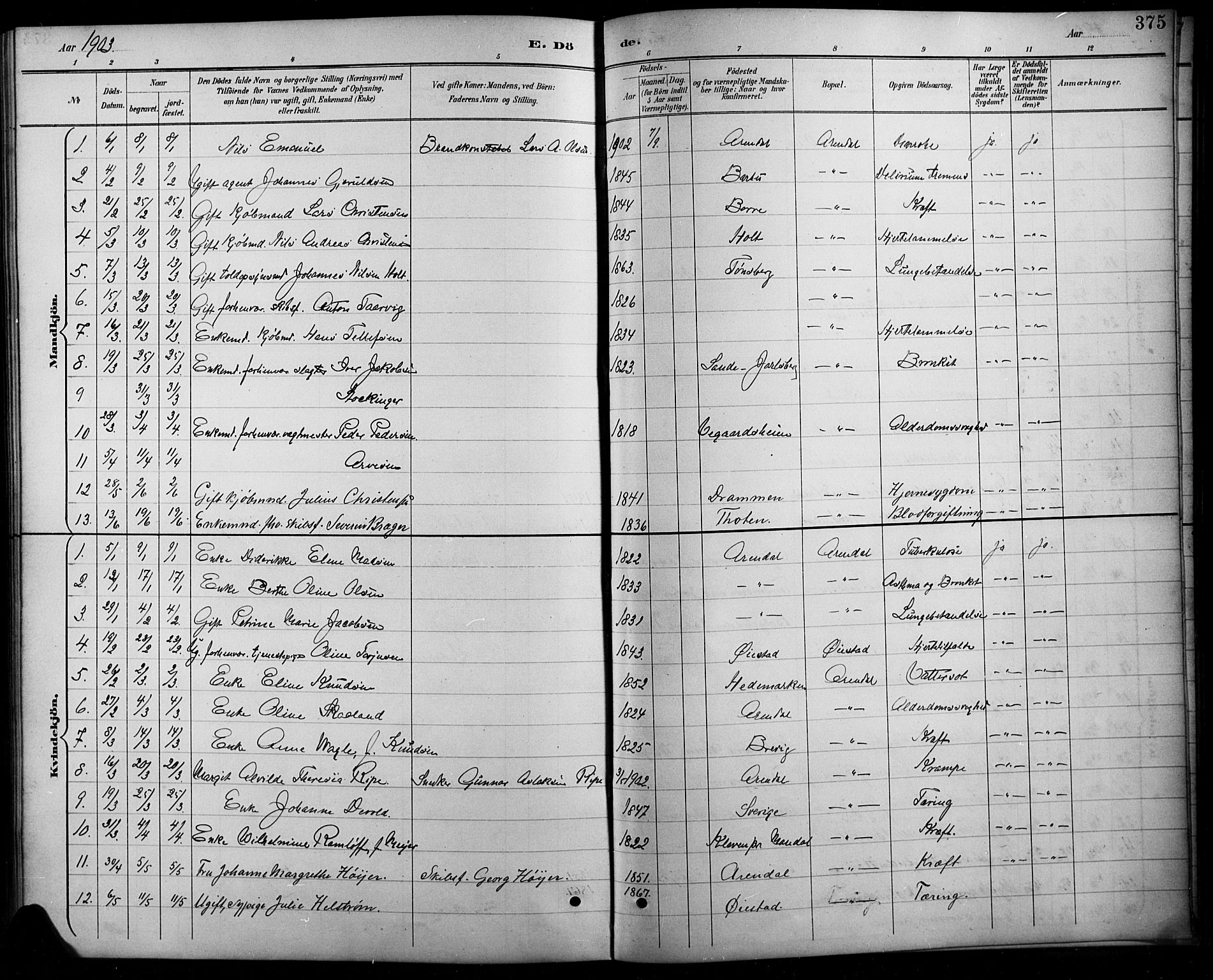 Arendal sokneprestkontor, Trefoldighet, SAK/1111-0040/F/Fb/L0006: Parish register (copy) no. B 6, 1889-1916, p. 375