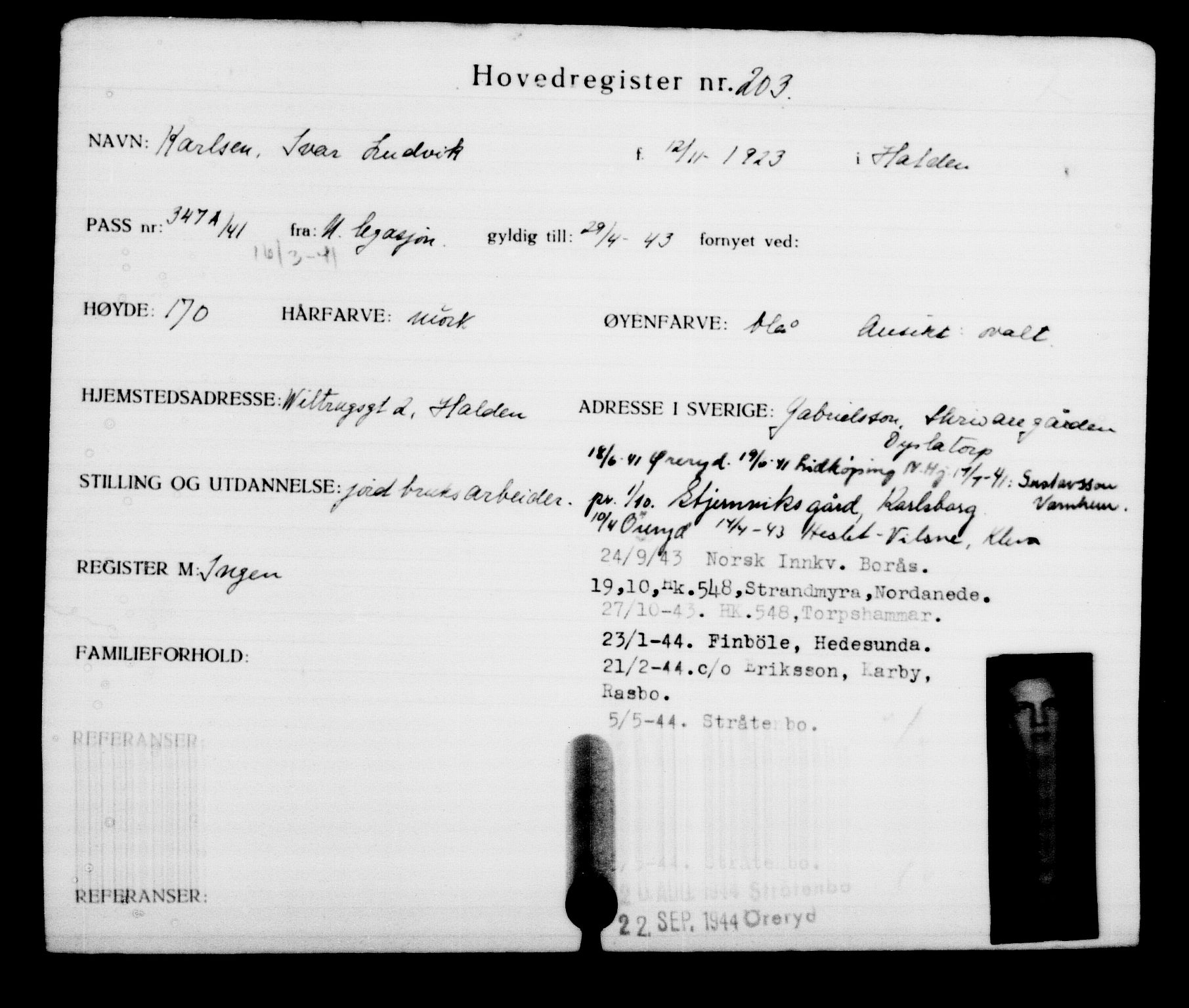 Utenriksstasjonene, Legasjonen i Stockholm, Flyktningkontoret, AV/RA-S-6753/V/Va/L0001: Kjesäterkartoteket, flyktninger med registreringsnr. 1-1000, 1940-1945, p. 331