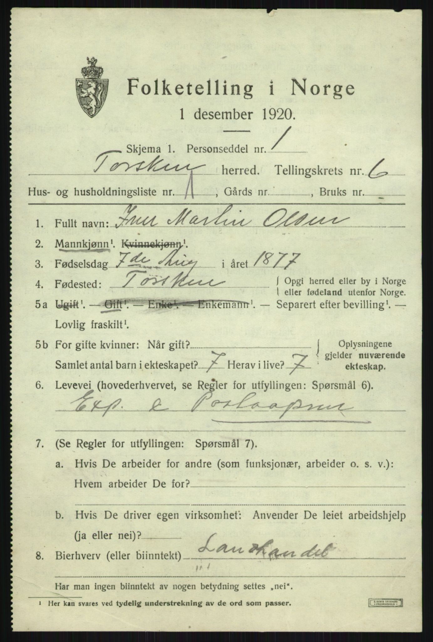 SATØ, 1920 census for Torsken, 1920, p. 2379