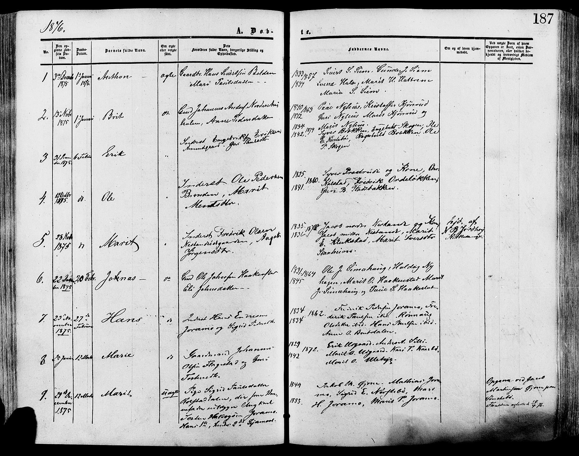 Lesja prestekontor, SAH/PREST-068/H/Ha/Haa/L0008: Parish register (official) no. 8, 1854-1880, p. 187