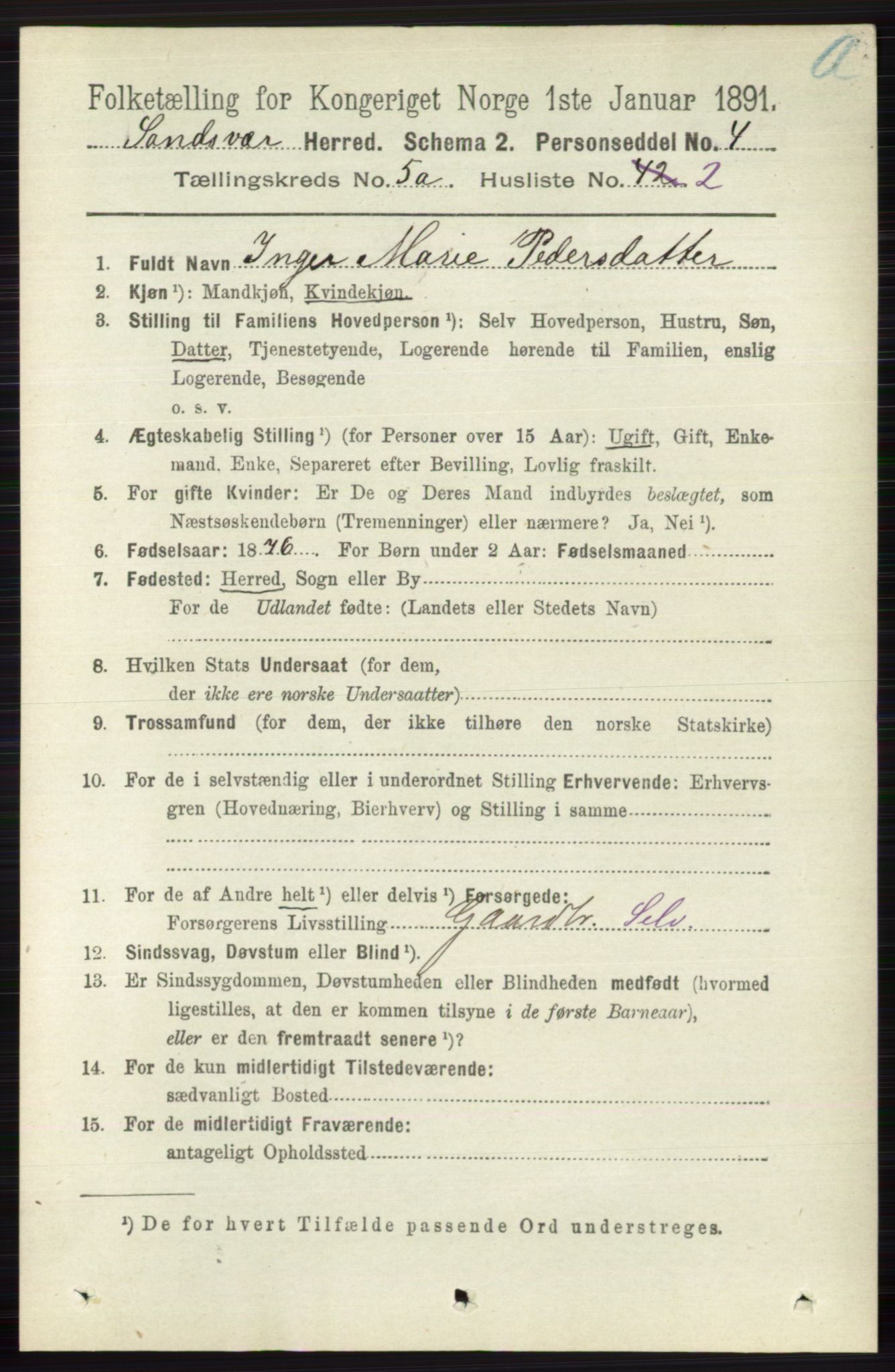 RA, 1891 census for 0629 Sandsvær, 1891, p. 2485