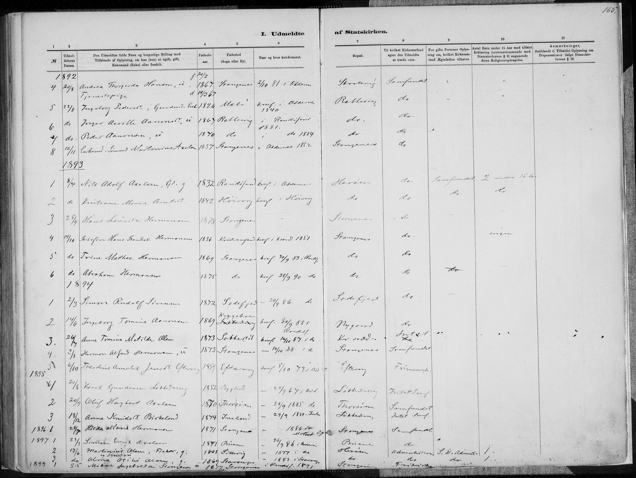 Oddernes sokneprestkontor, SAK/1111-0033/F/Fa/Fab/L0002: Parish register (official) no. A 2, 1884-1903, p. 165
