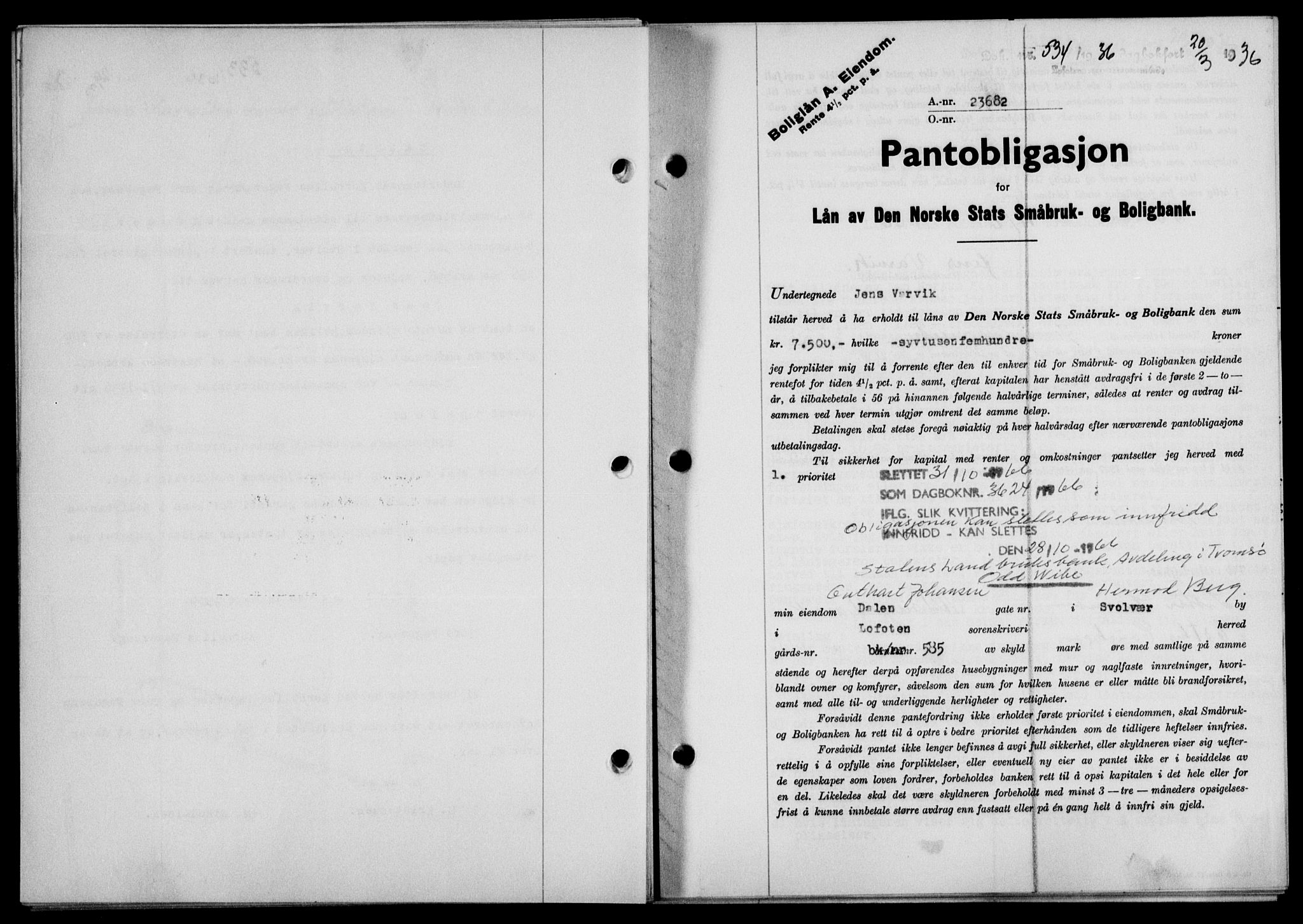 Lofoten sorenskriveri, SAT/A-0017/1/2/2C/L0033b: Mortgage book no. 33b, 1936-1936, Diary no: : 534/1936