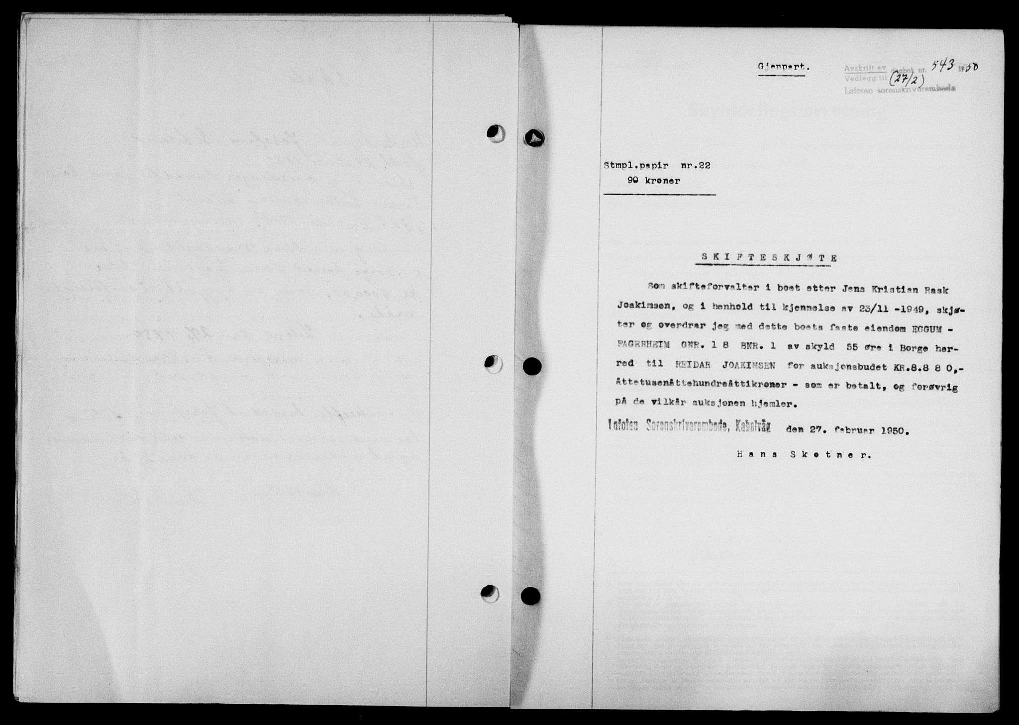 Lofoten sorenskriveri, SAT/A-0017/1/2/2C/L0023a: Mortgage book no. 23a, 1950-1950, Diary no: : 543/1950