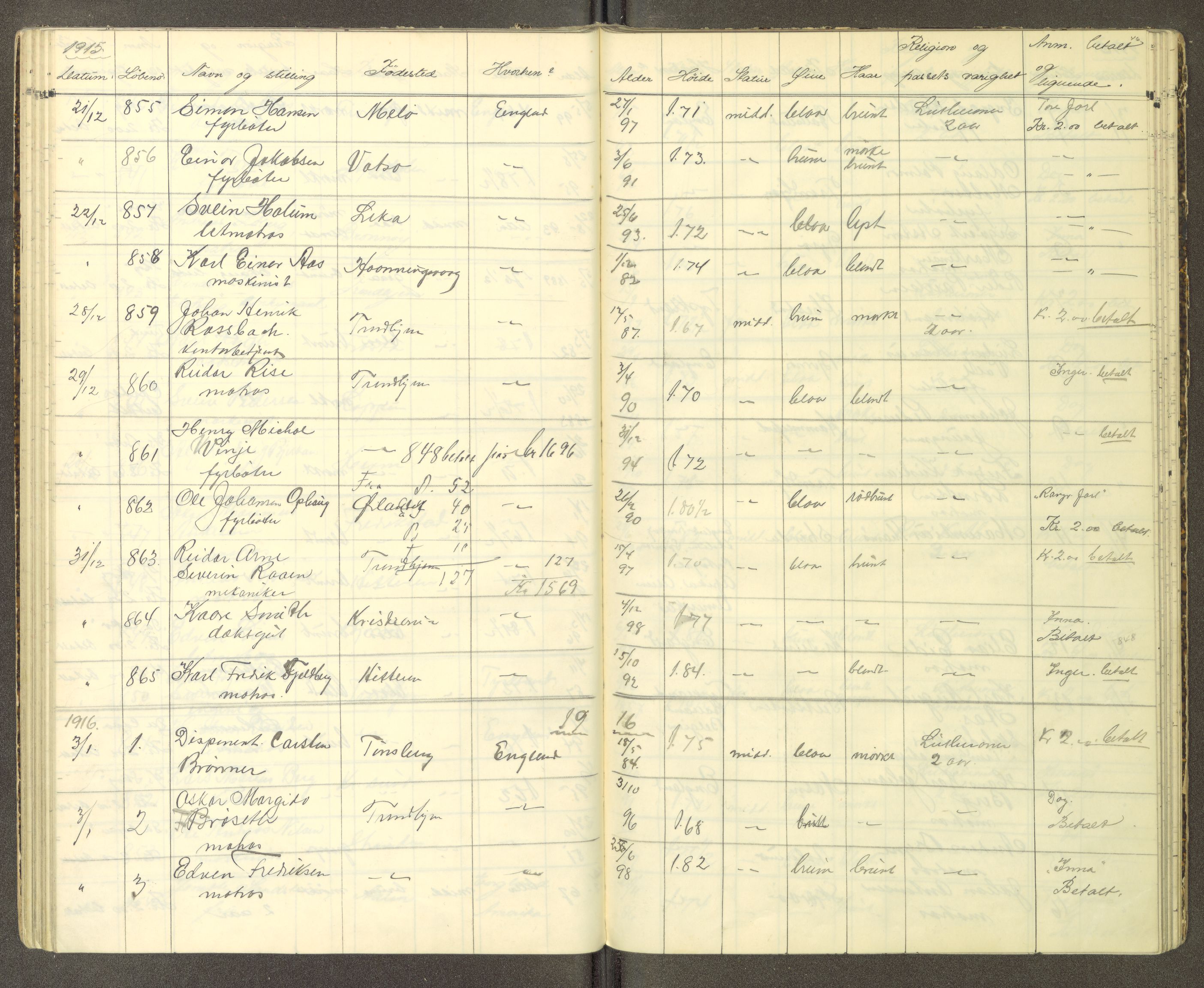 Trondheim politikammer, AV/SAT-A-1887/1/30/L0014: Passprotokoll. Utstedte pass, 1915-1916, p. 46
