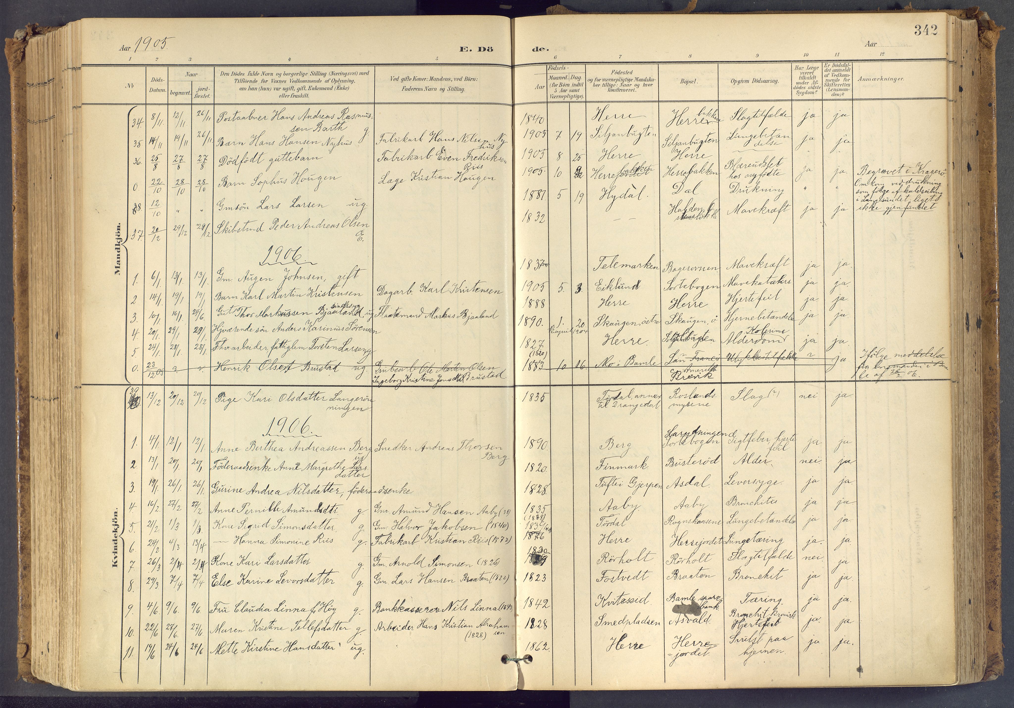 Bamble kirkebøker, SAKO/A-253/F/Fa/L0009: Parish register (official) no. I 9, 1901-1917, p. 342