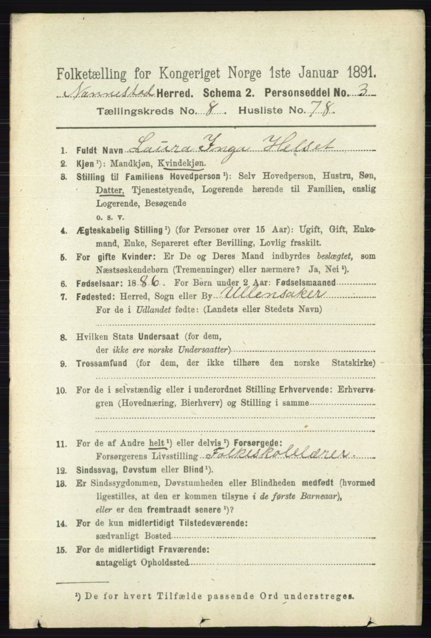 RA, 1891 census for 0238 Nannestad, 1891, p. 4886