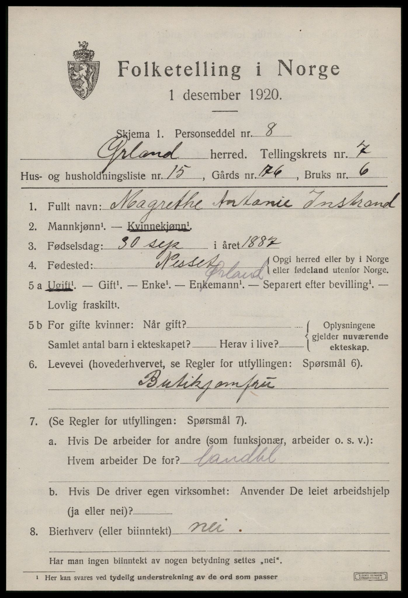 SAT, 1920 census for Ørland, 1920, p. 6249