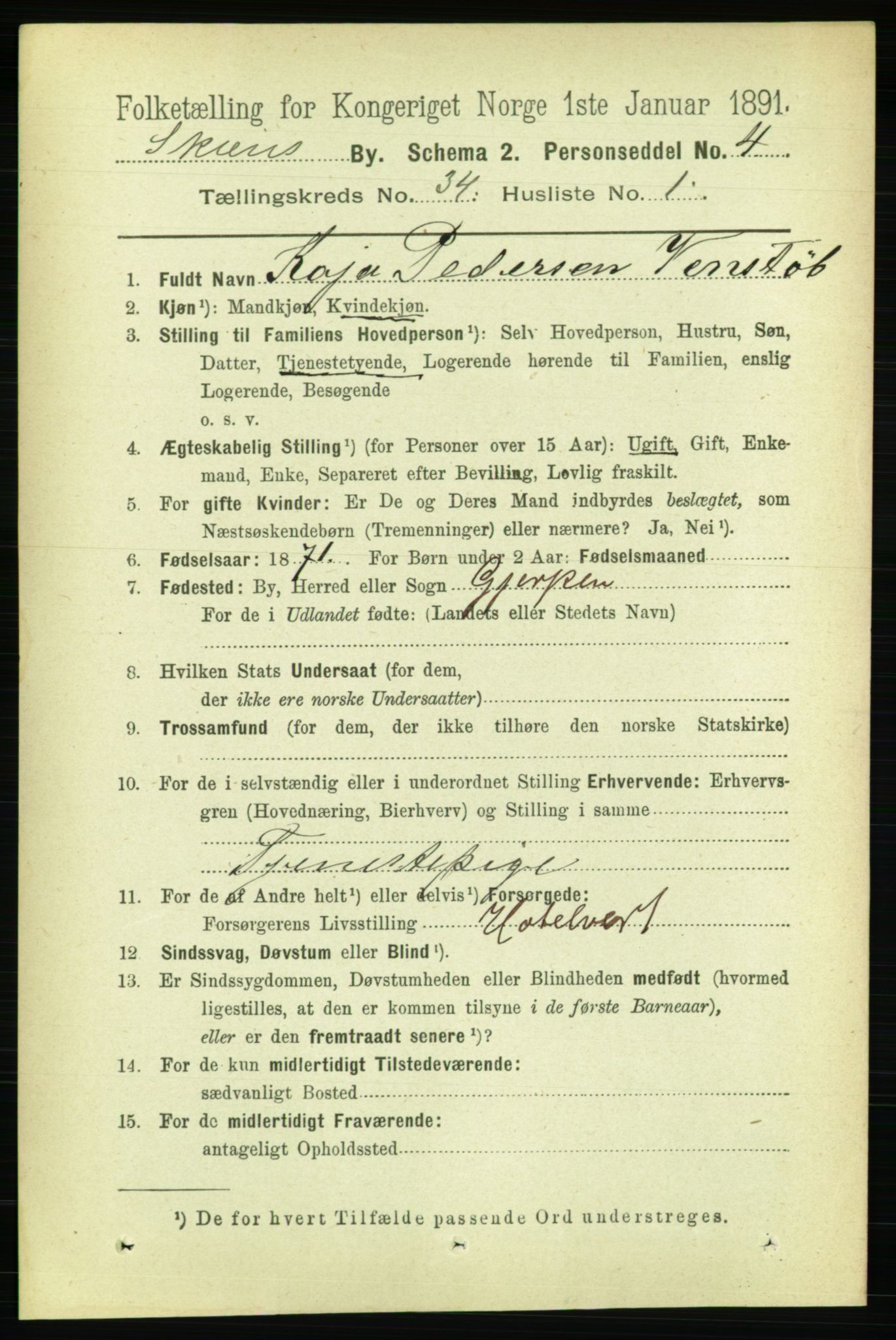 RA, 1891 census for 0806 Skien, 1891, p. 7711