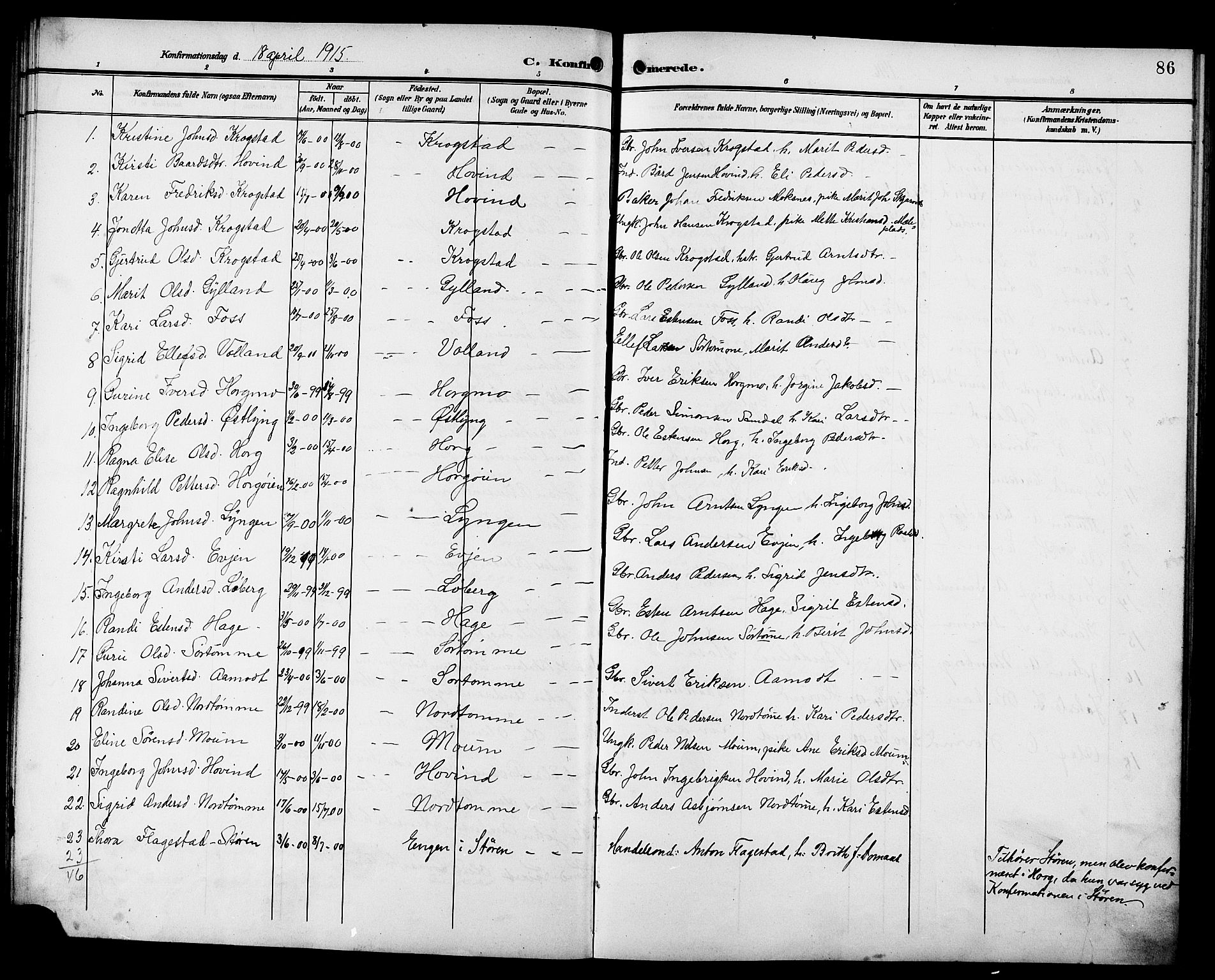 Ministerialprotokoller, klokkerbøker og fødselsregistre - Sør-Trøndelag, SAT/A-1456/692/L1112: Parish register (copy) no. 692C07, 1904-1918, p. 86
