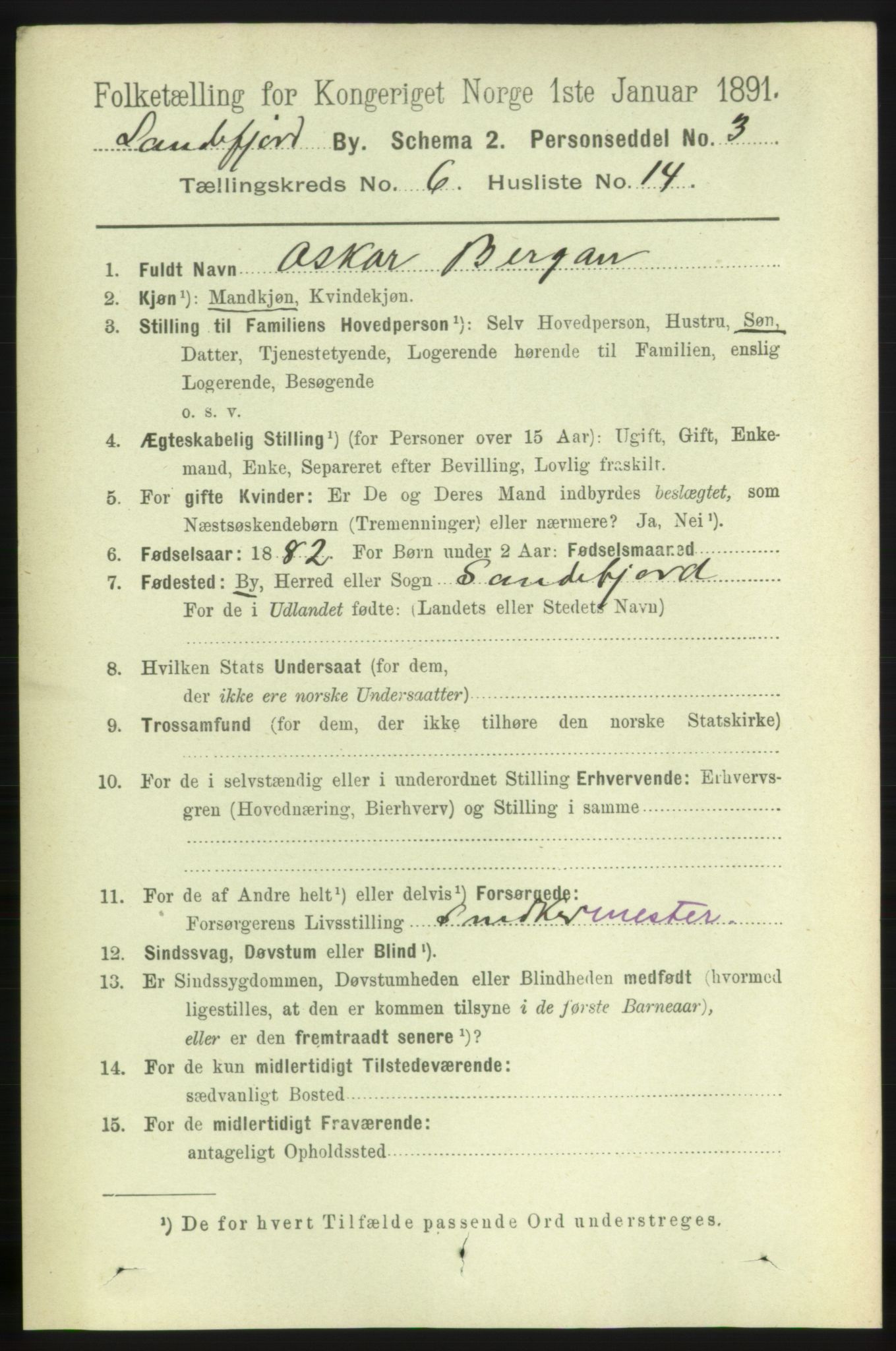 RA, 1891 census for 0706 Sandefjord, 1891, p. 2470