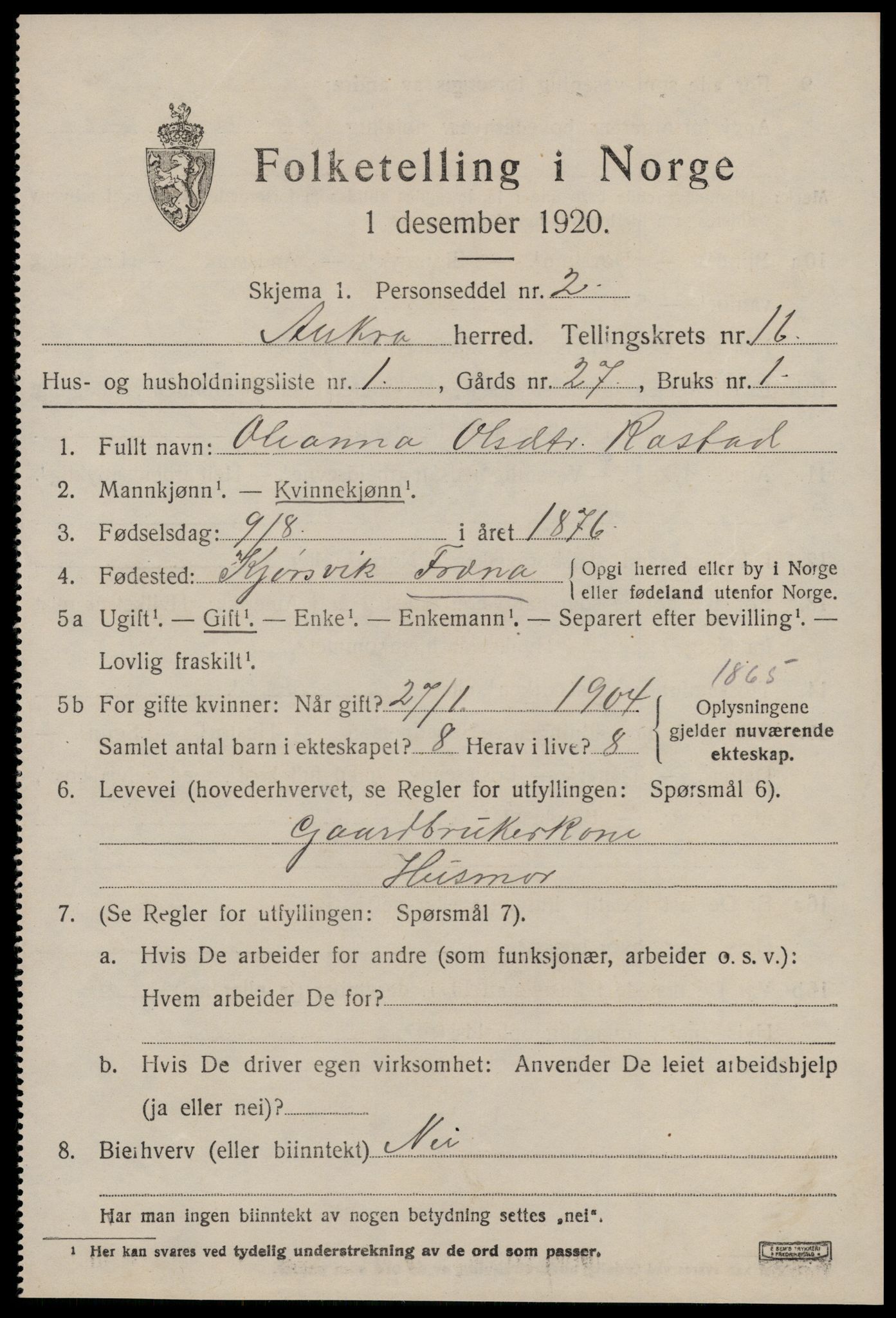 SAT, 1920 census for Aukra, 1920, p. 6935