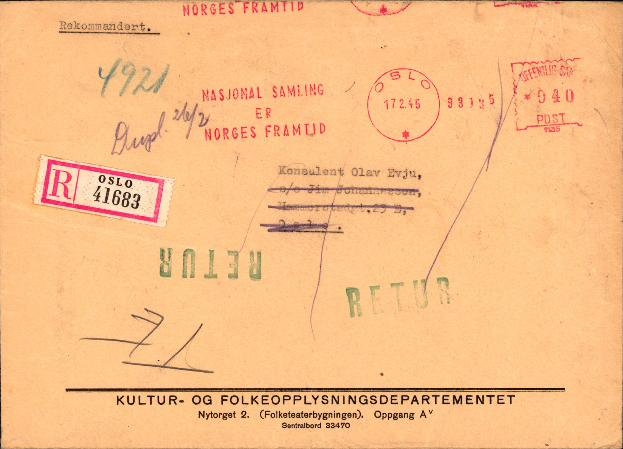 Kultur- og folkeopplysningsdepartementet, Den alminnelige avdeling. 1940-45, AV/RA-S-6010/E/Ea/L0016/0007: Sakarkiv / Kulturtingets møter 1944 i Trondheim, 1943-1945, p. 2