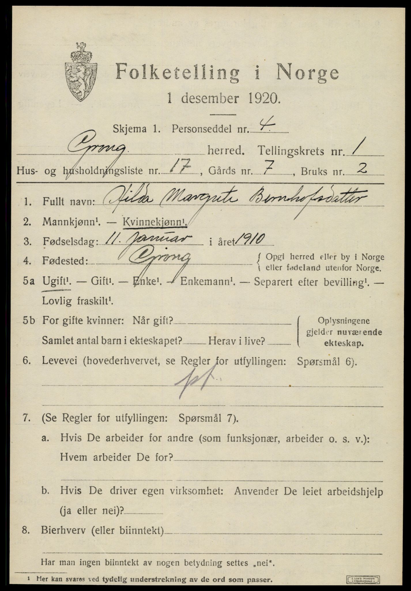 SAT, 1920 census for Grong, 1920, p. 1245