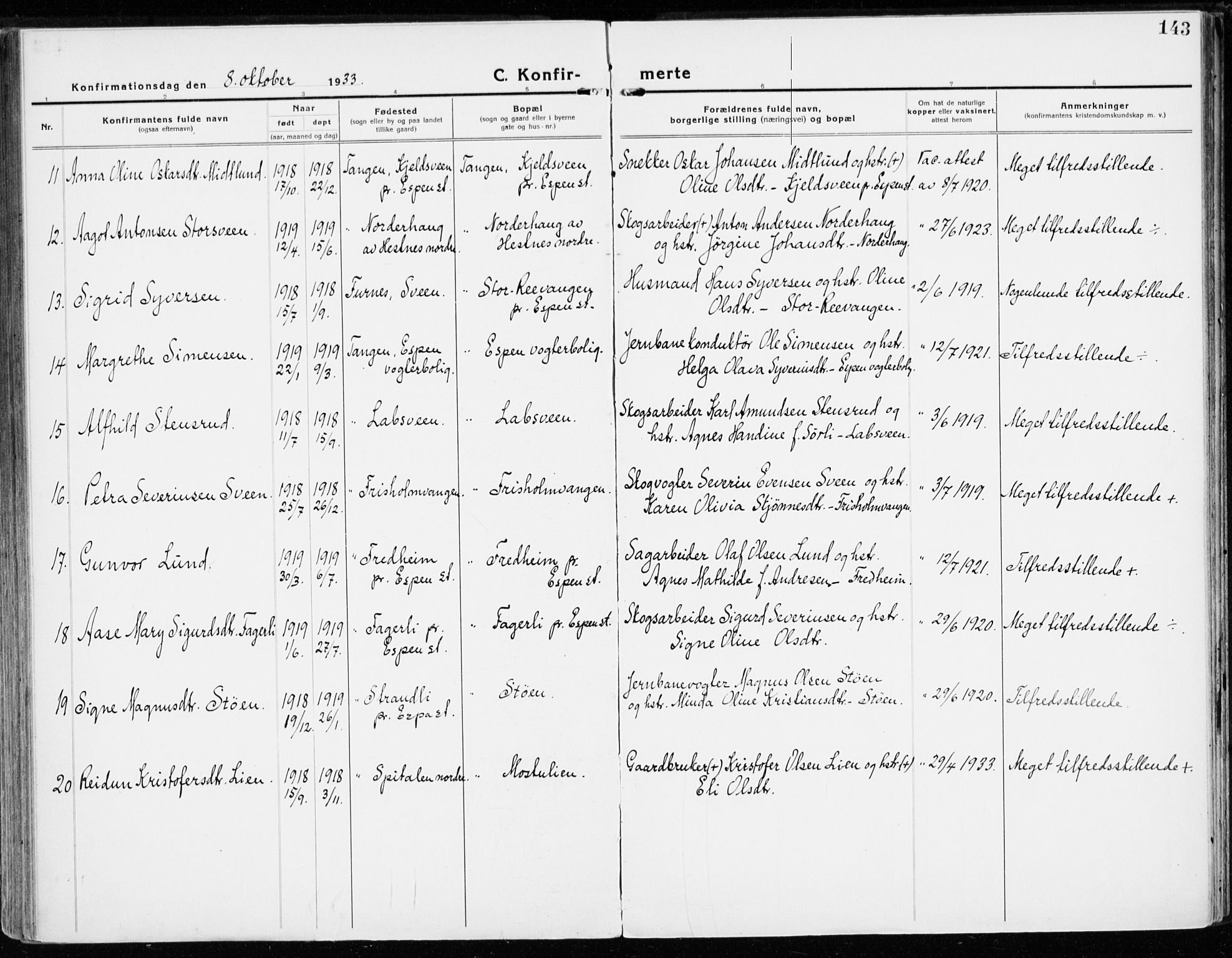 Stange prestekontor, SAH/PREST-002/K/L0025: Parish register (official) no. 25, 1921-1945, p. 143