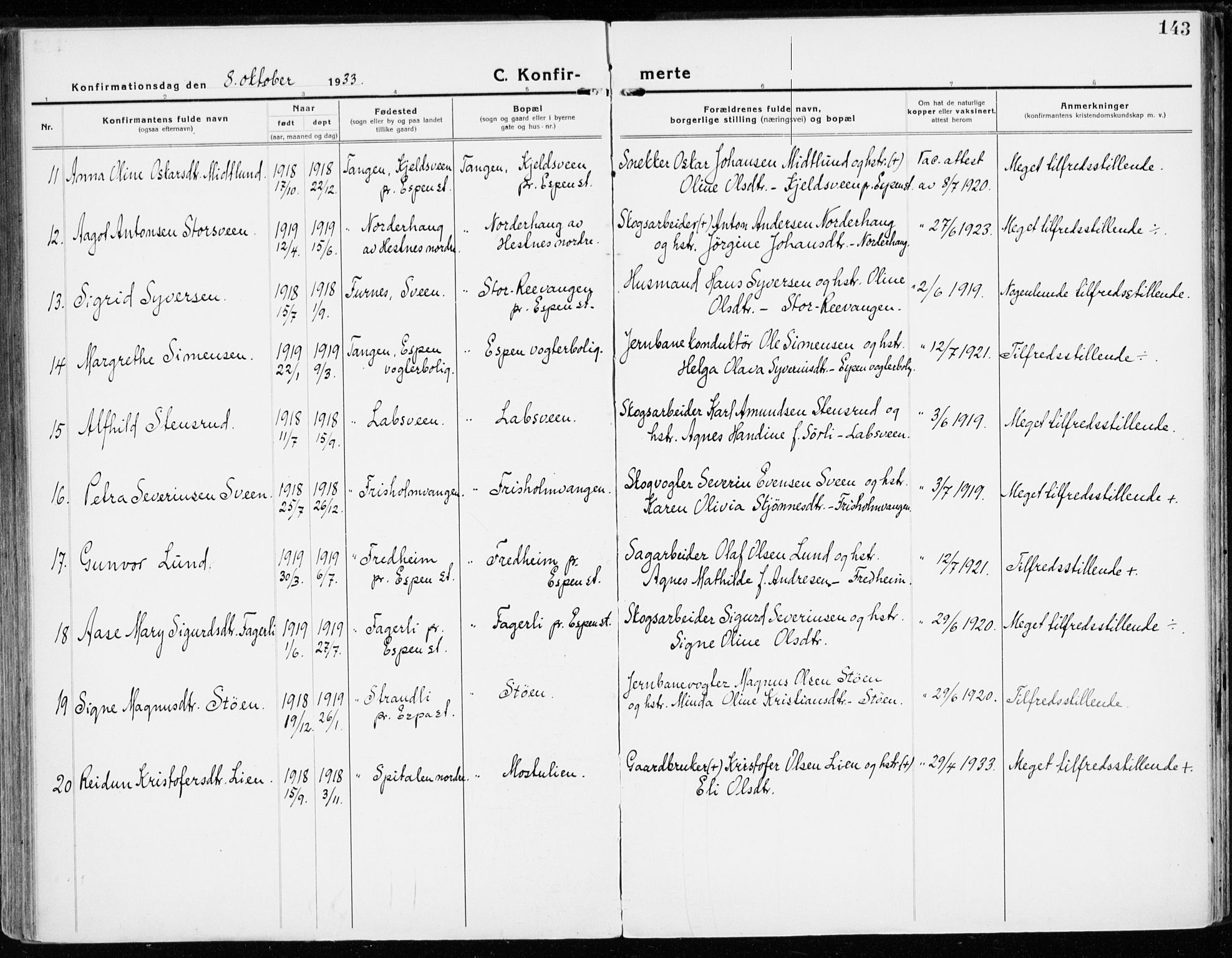 Stange prestekontor, AV/SAH-PREST-002/K/L0025: Parish register (official) no. 25, 1921-1945, p. 143