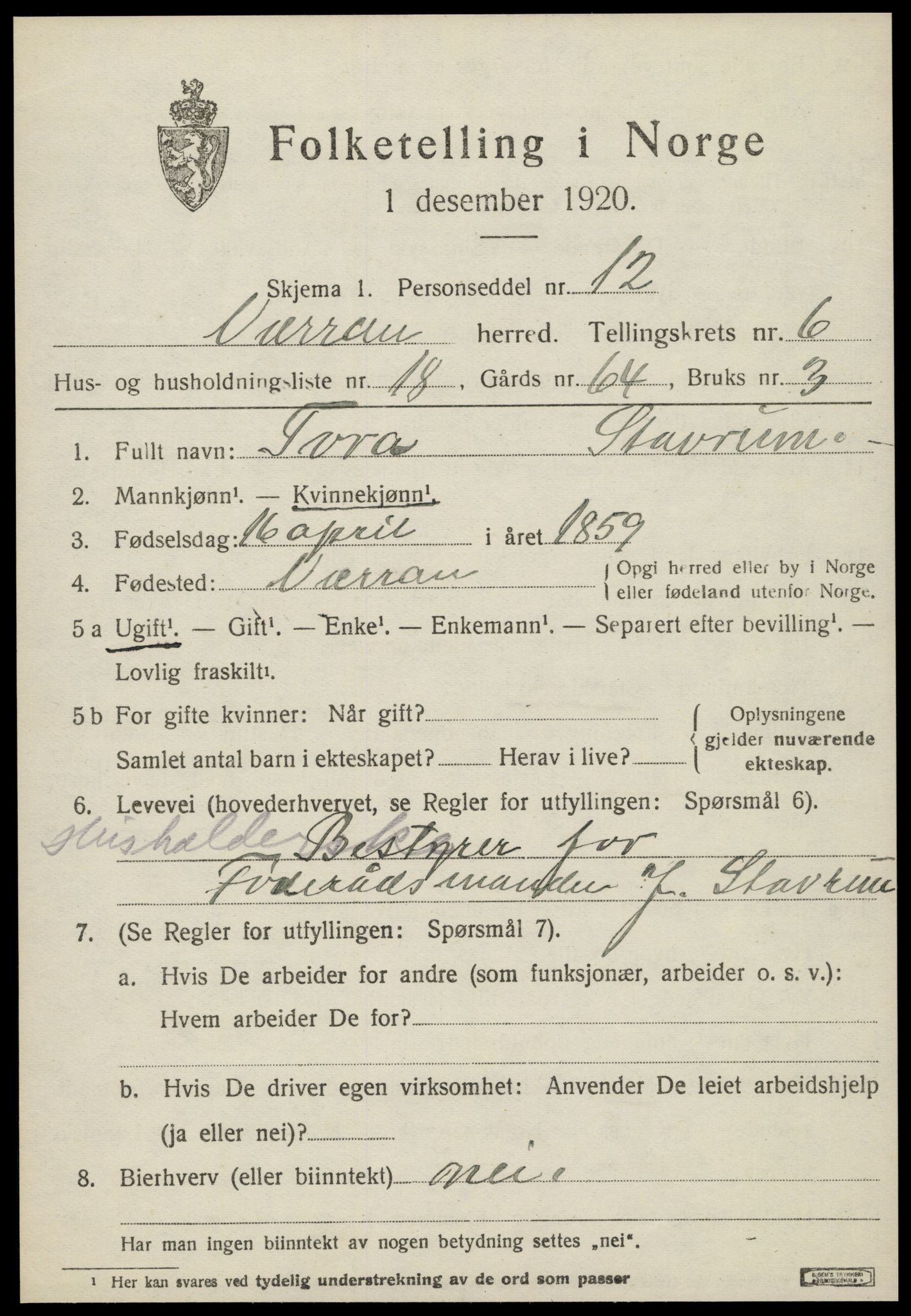 SAT, 1920 census for Verran, 1920, p. 2462