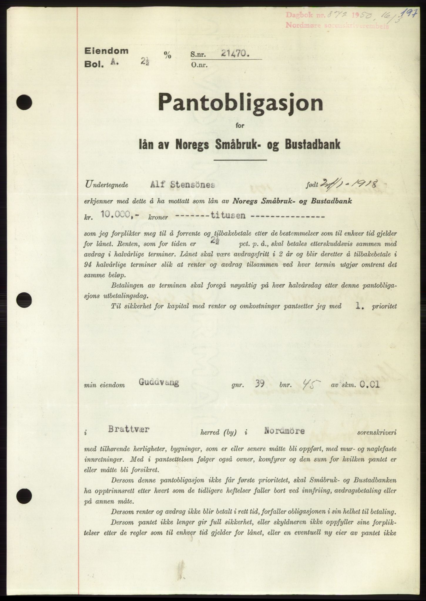 Nordmøre sorenskriveri, AV/SAT-A-4132/1/2/2Ca: Mortgage book no. B104, 1950-1950, Diary no: : 872/1950