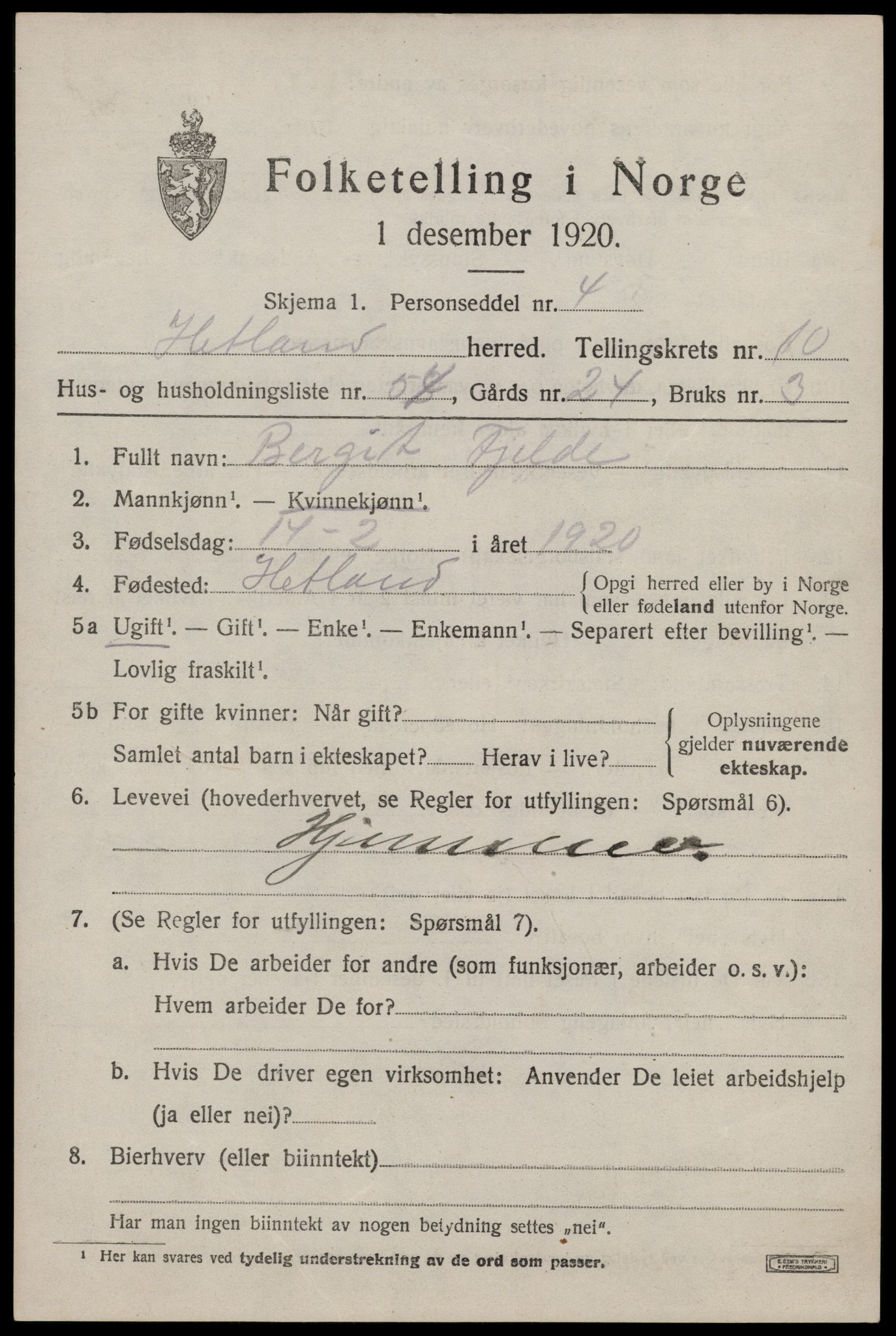 SAST, 1920 census for Hetland, 1920, p. 19685