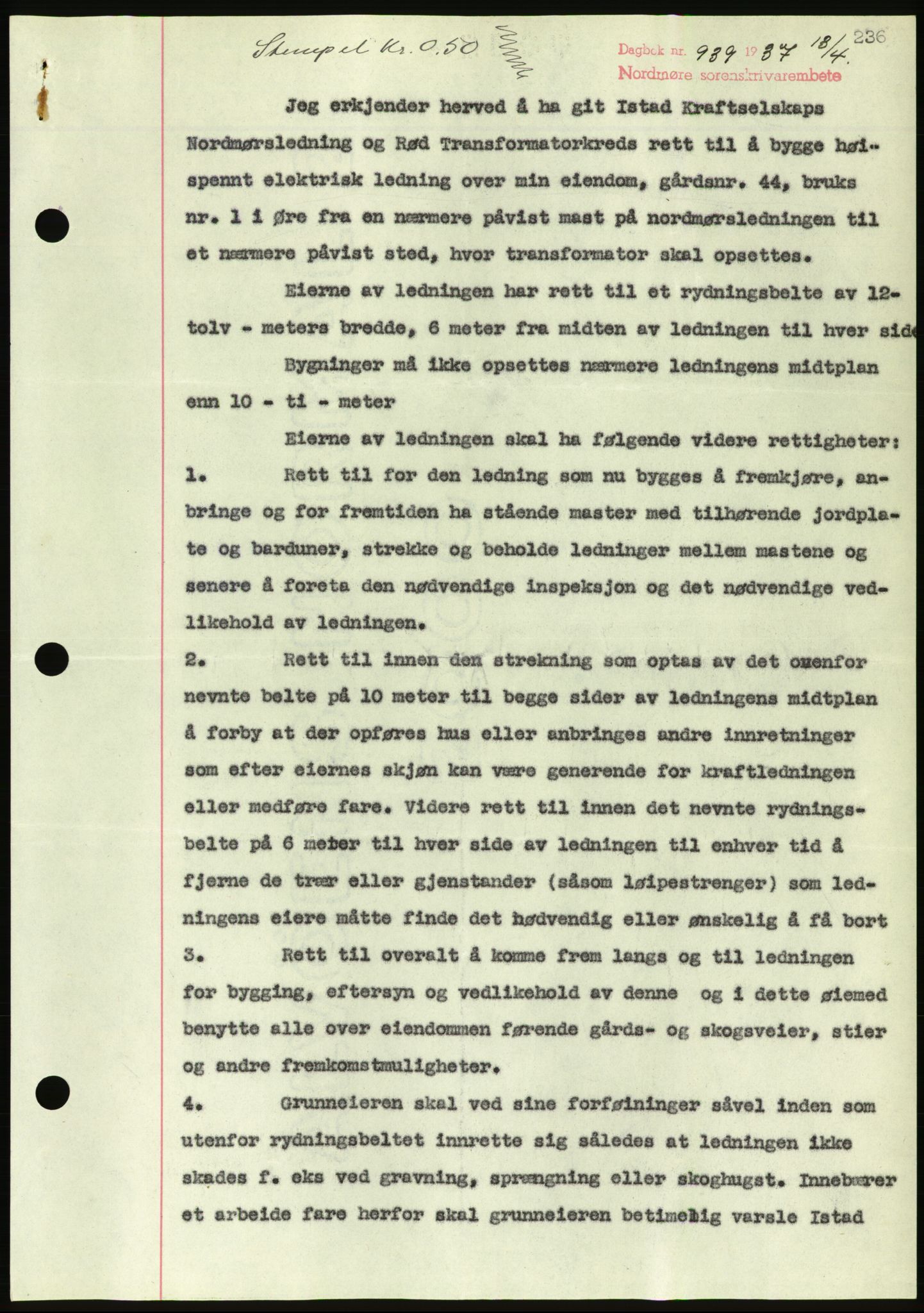 Nordmøre sorenskriveri, AV/SAT-A-4132/1/2/2Ca/L0091: Mortgage book no. B81, 1937-1937, Diary no: : 939/1937