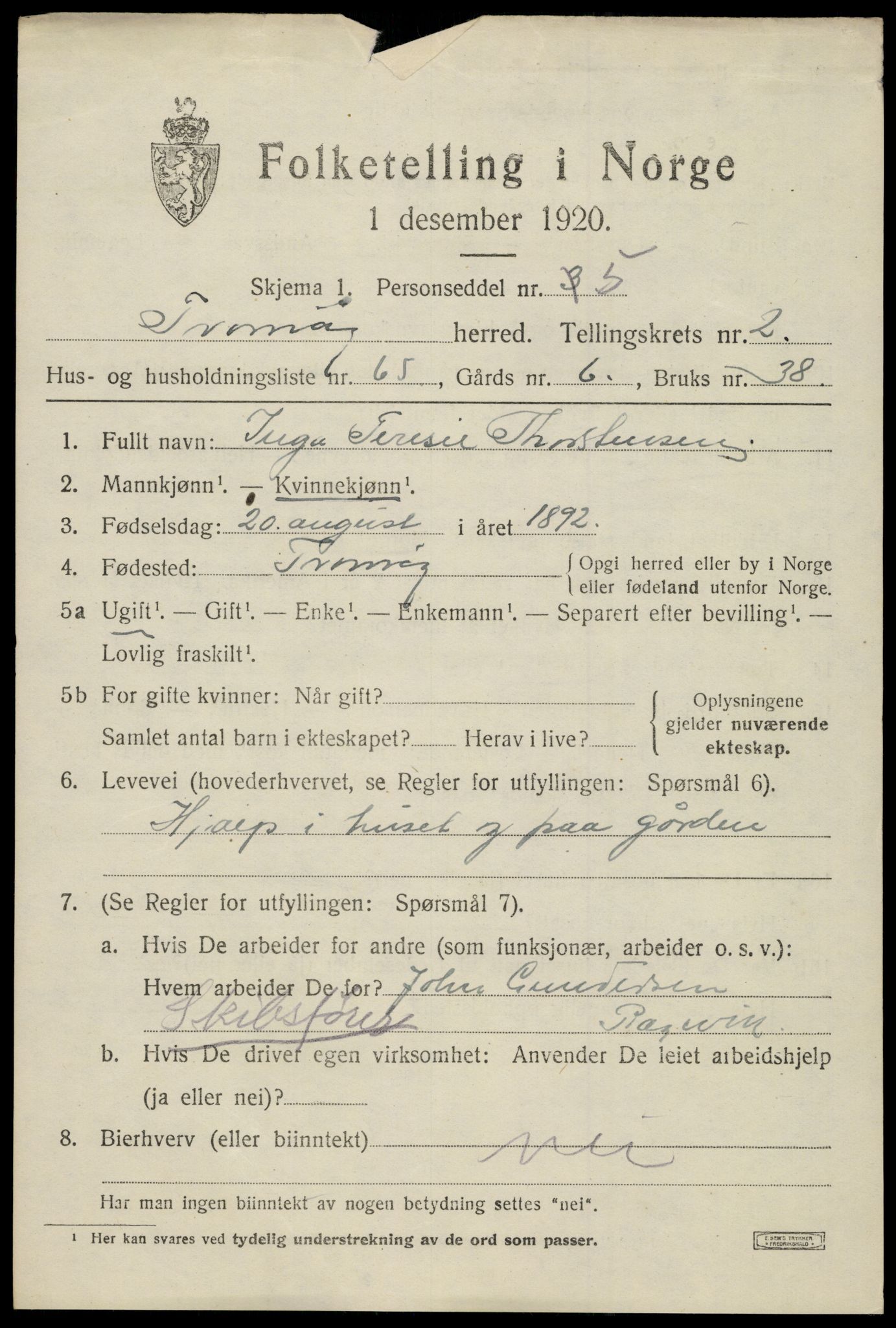 SAK, 1920 census for Tromøy, 1920, p. 1895