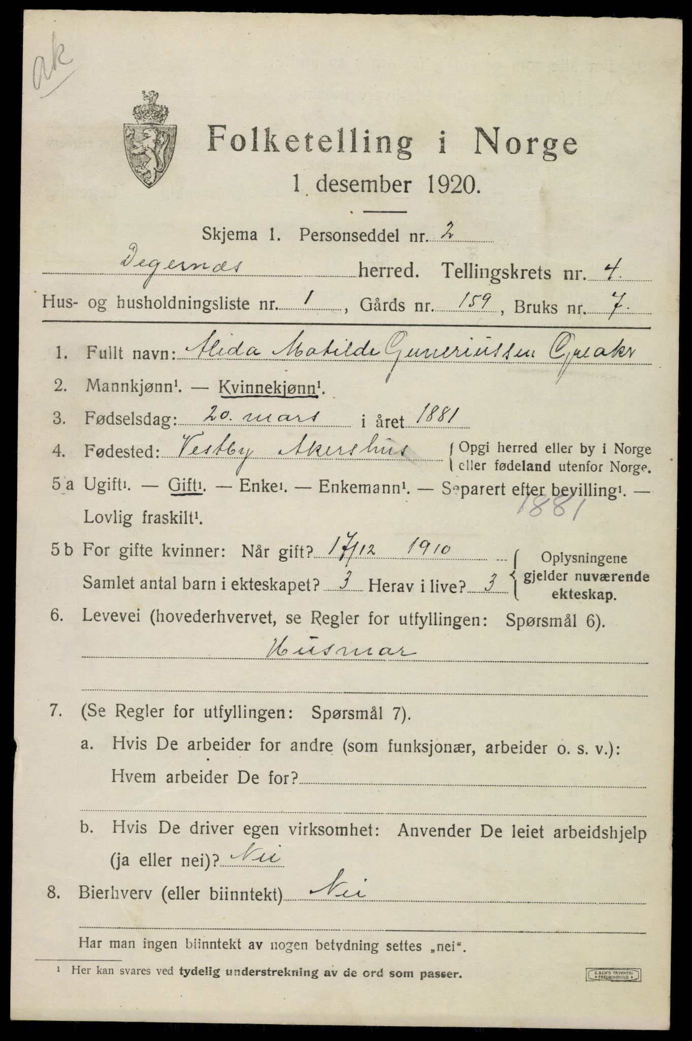 SAO, 1920 census for Degernes, 1920, p. 2332