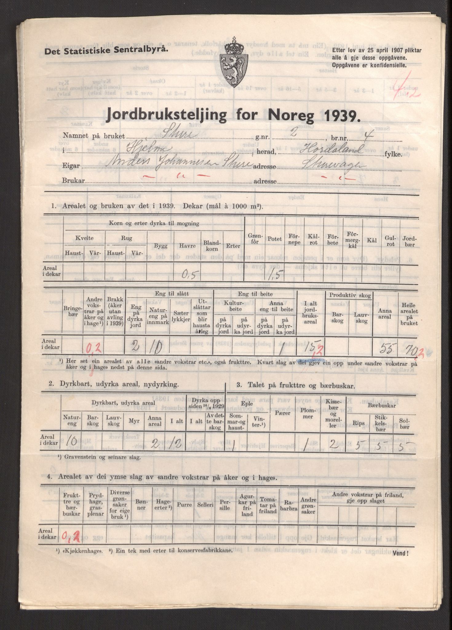 Statistisk sentralbyrå, Næringsøkonomiske emner, Jordbruk, skogbruk, jakt, fiske og fangst, AV/RA-S-2234/G/Gb/L0211: Hordaland: Herdla, Hjelme og Manger, 1939, p. 1255