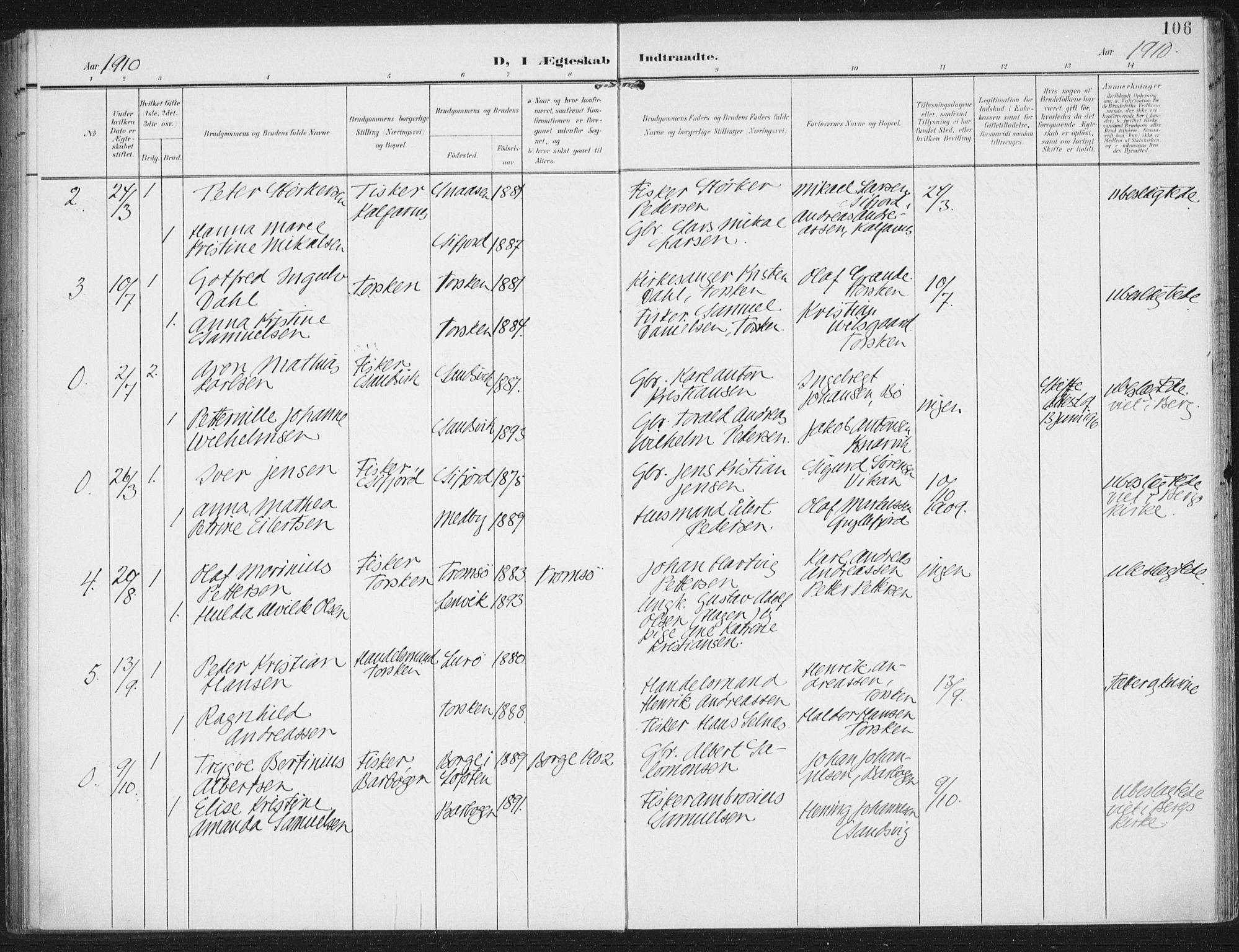 Berg sokneprestkontor, AV/SATØ-S-1318/G/Ga/Gaa/L0008kirke: Parish register (official) no. 8, 1904-1916, p. 106