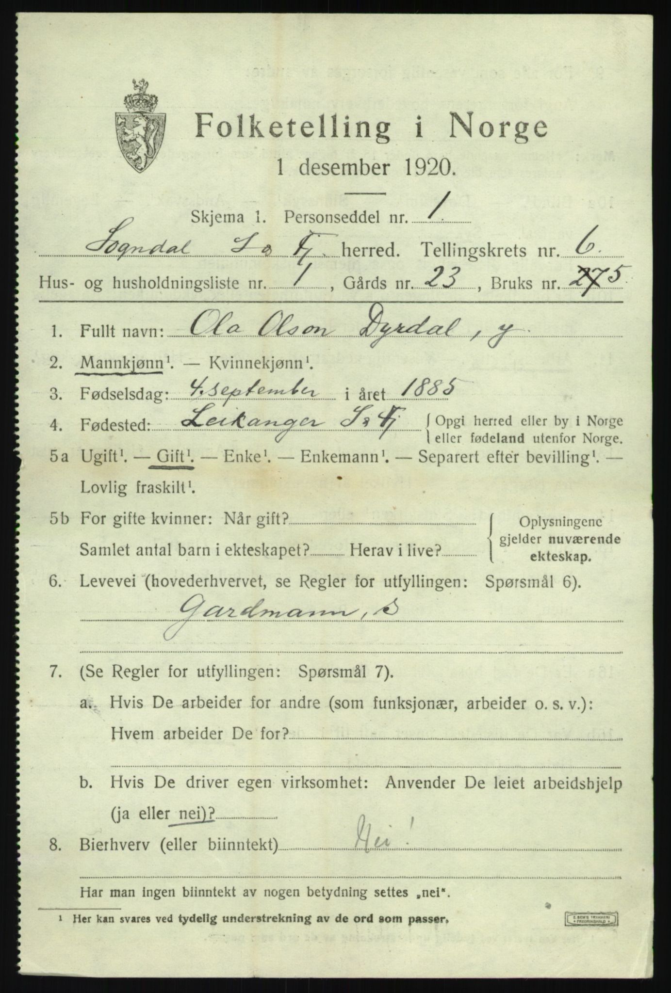SAB, 1920 census for Sogndal, 1920, p. 2939