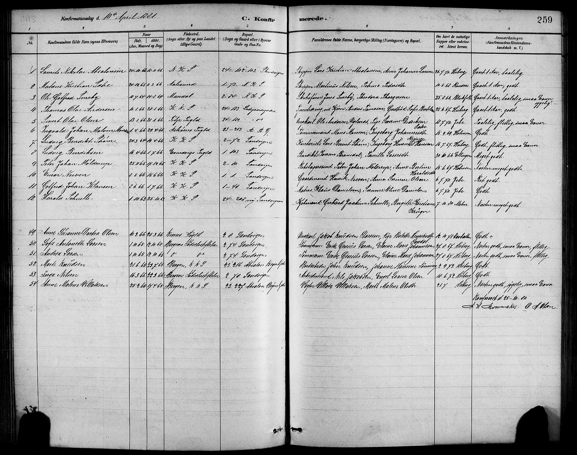 Sandviken Sokneprestembete, SAB/A-77601/H/Hb/L0001: Parish register (copy) no. A 2, 1879-1892, p. 259