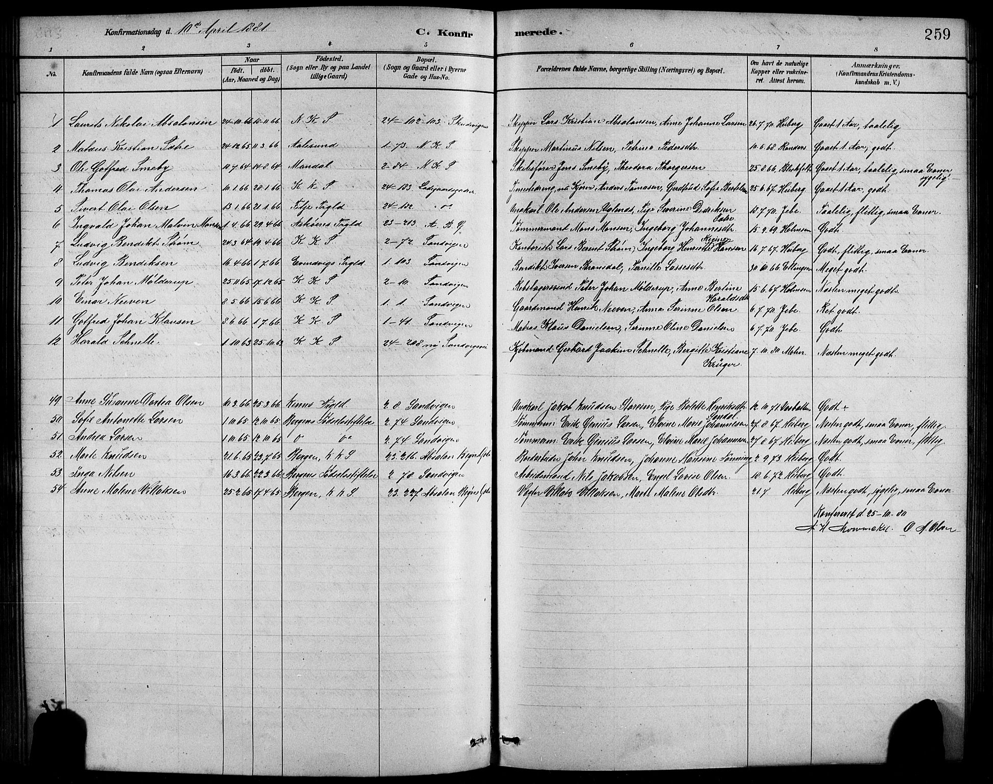 Sandviken Sokneprestembete, AV/SAB-A-77601/H/Hb/L0001: Parish register (copy) no. A 2, 1879-1892, p. 259